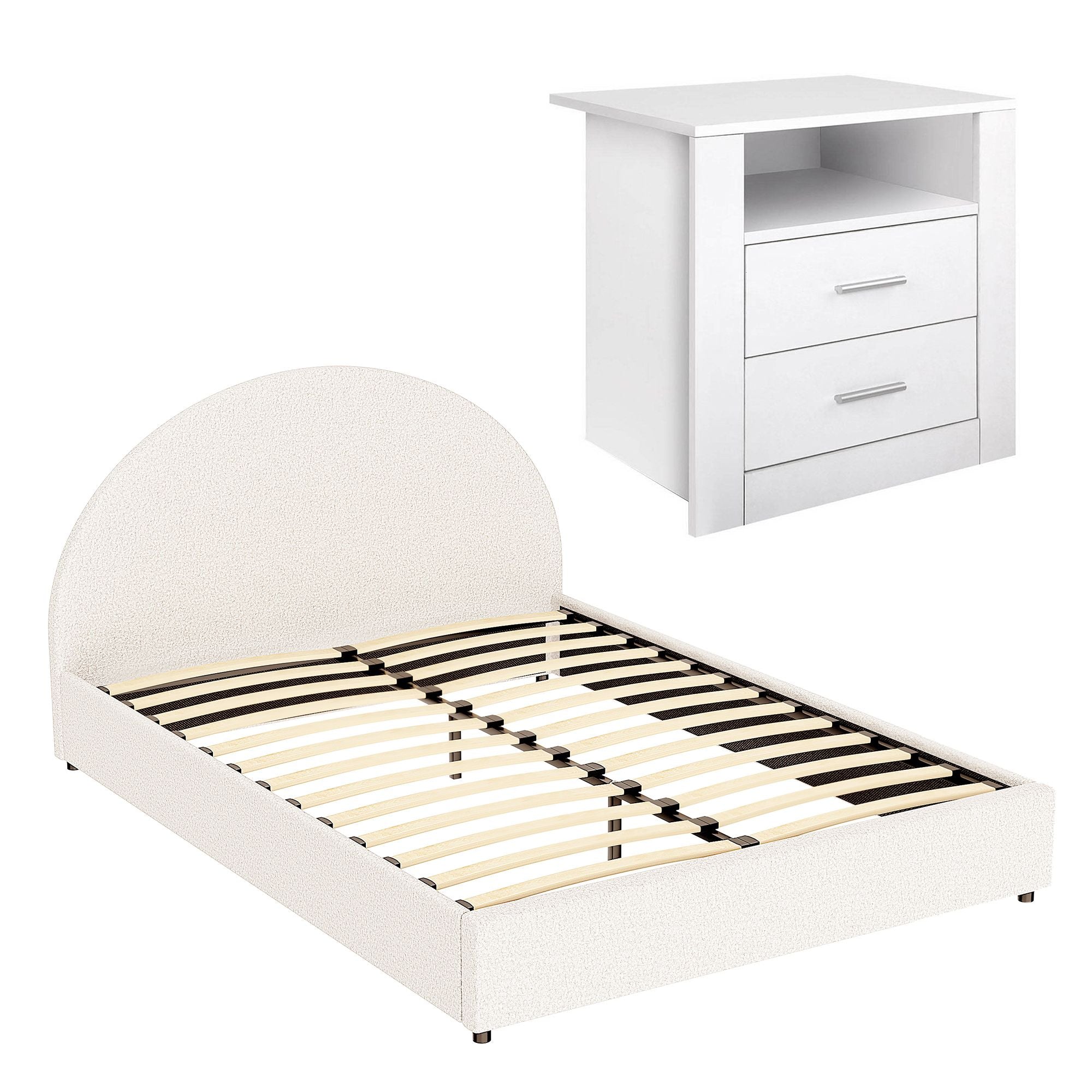 Artiss Queen Bed Frame with Storage and Bedside Table Set Boucle Fabric Gas Lift Bed Base 2-Drawer Nightstand Bedworld