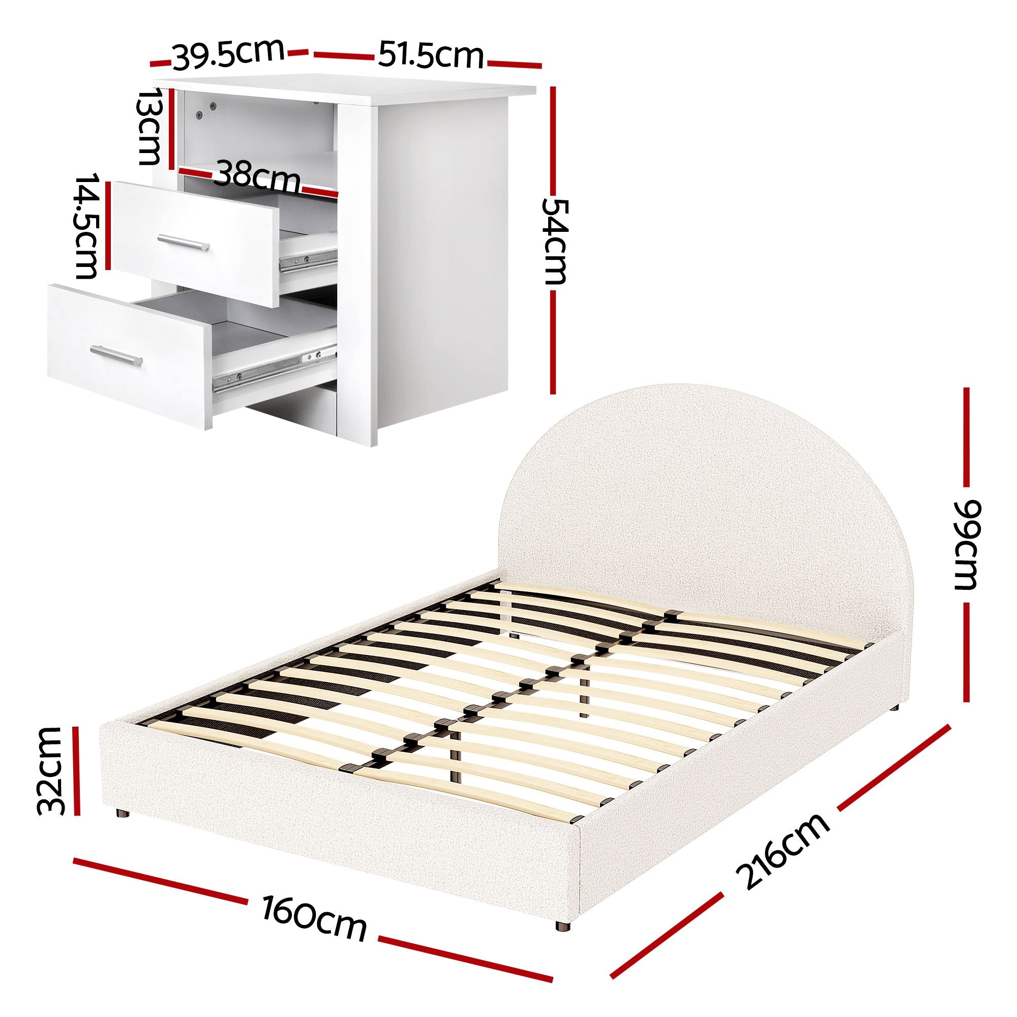 Artiss Queen Bed Frame with Storage and Bedside Table Set Boucle Fabric Gas Lift Bed Base 2-Drawer Nightstand Bedworld