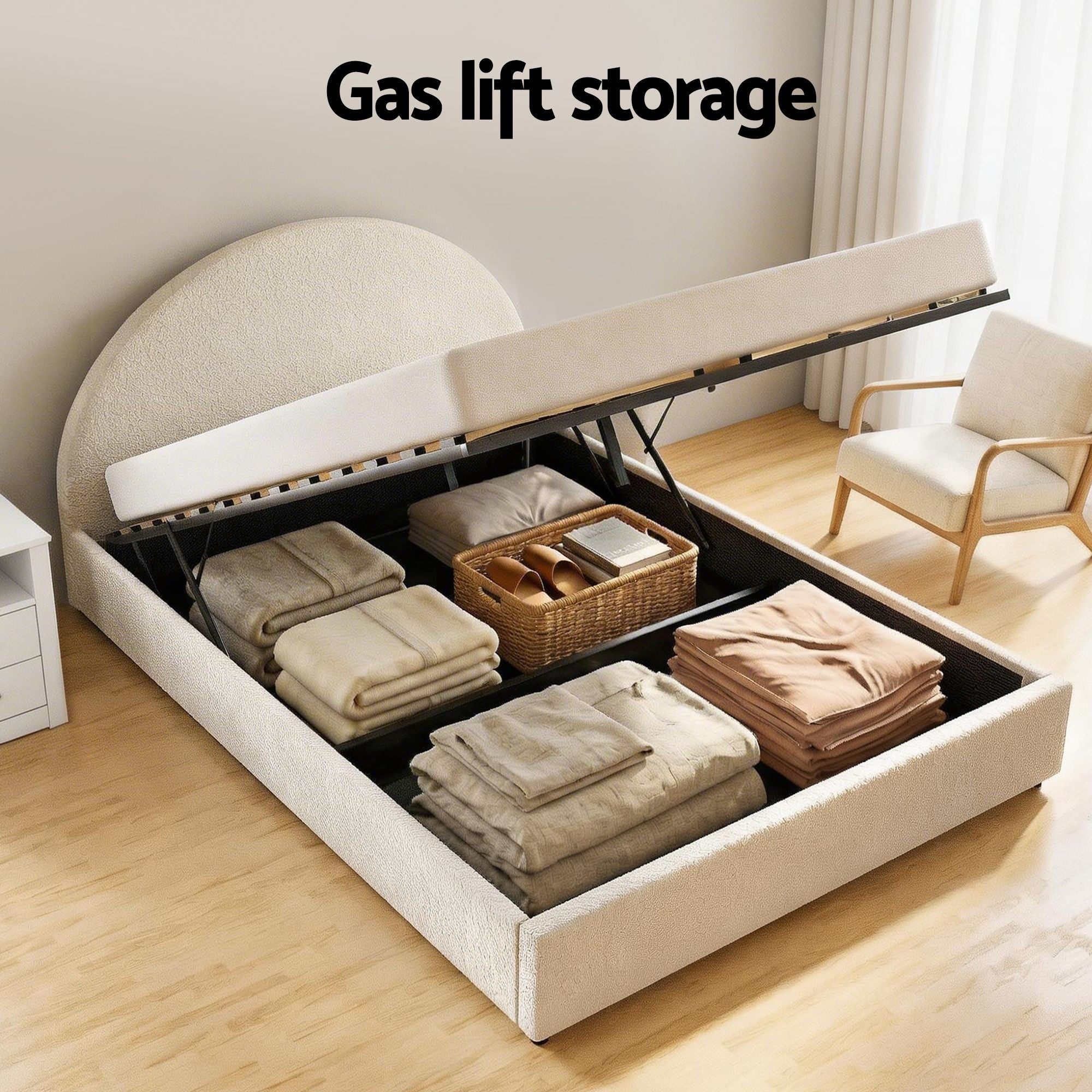 Artiss Queen Bed Frame with Storage and Bedside Table Set Boucle Fabric Gas Lift Bed Base 2-Drawer Nightstand Bedworld