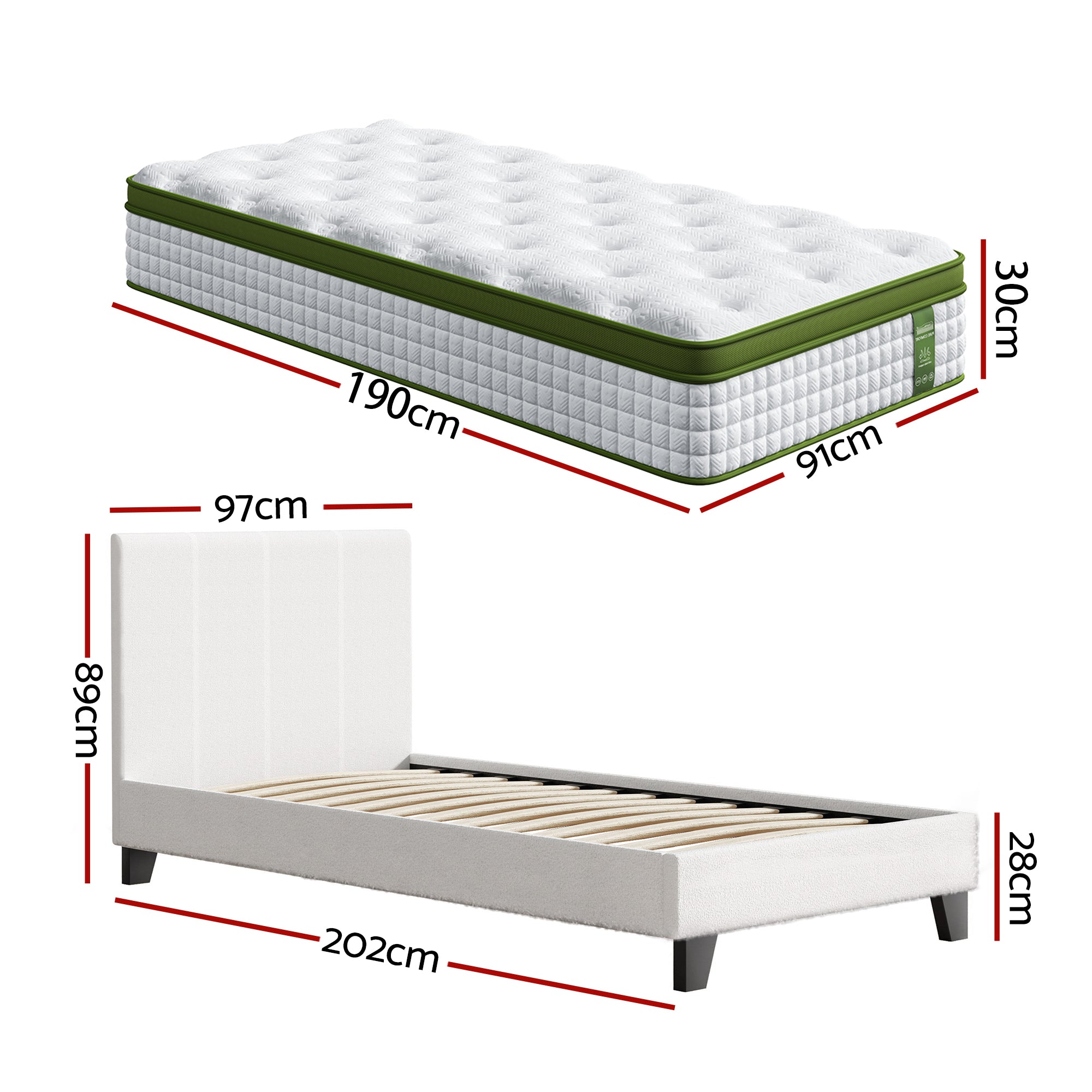 Artiss Single Bed Frame with Hybrid Mattress Set 30cm Medium Firm Platform Headboard Boucle Upholstered Pocket Coil for Pressure Relief Bedworld