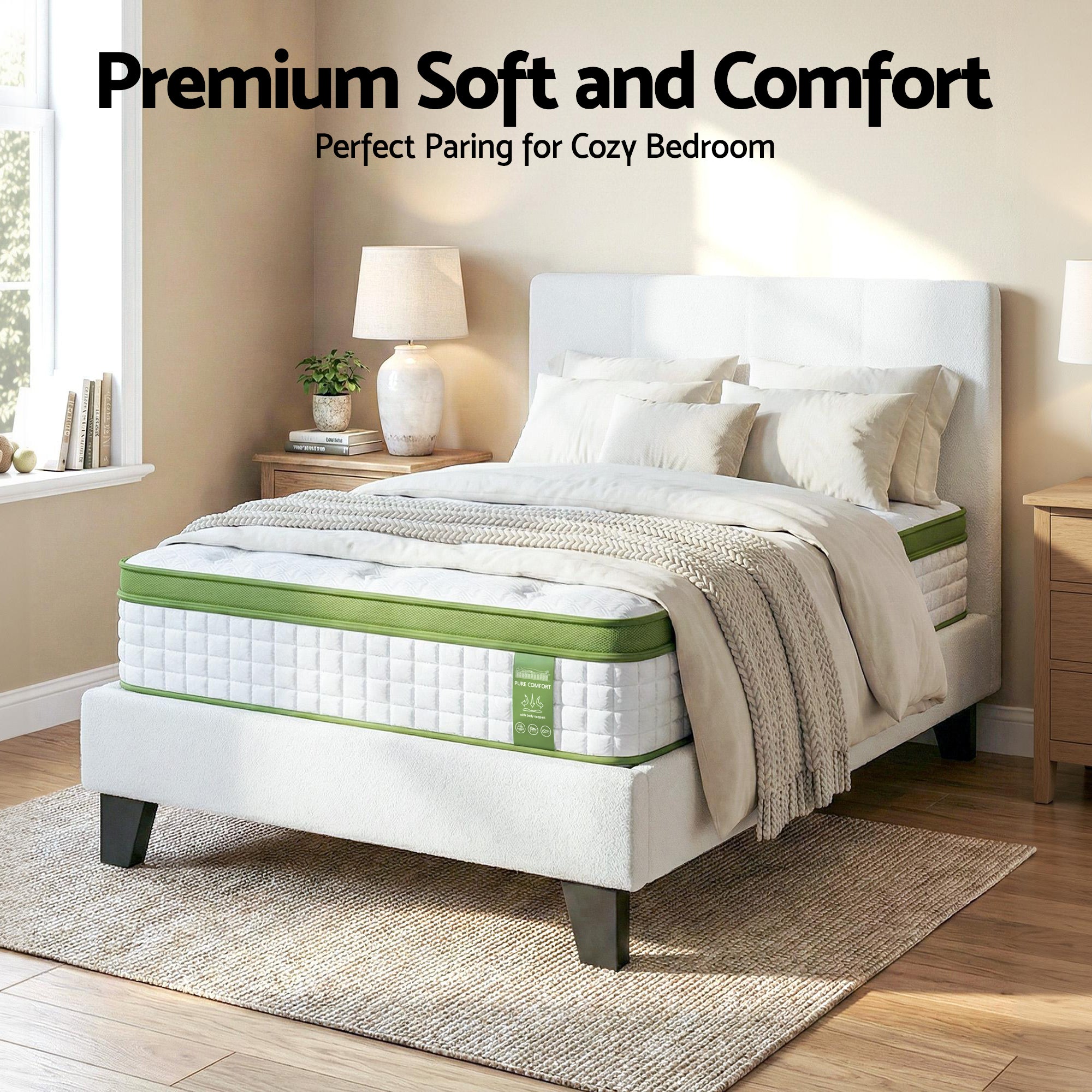 Artiss Single Bed Frame with Hybrid Mattress Set 30cm Medium Firm Platform Headboard Boucle Upholstered Pocket Coil for Pressure Relief Bedworld