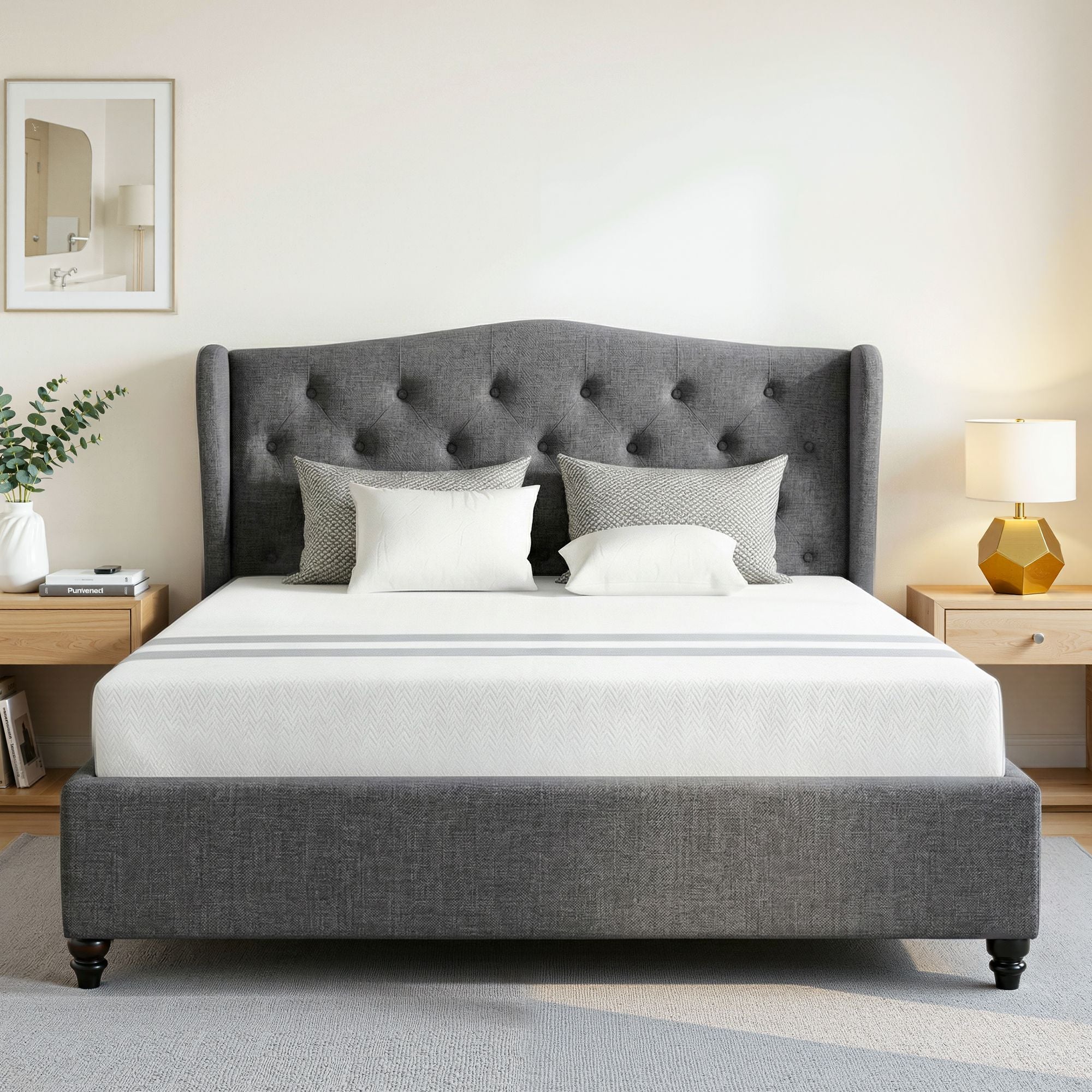 Artiss and BedStory Double Bed Frame and Mattress Set Memory Foam Cooling Gel Medium Soft Tufted Wing Headboard Grey Bedworld