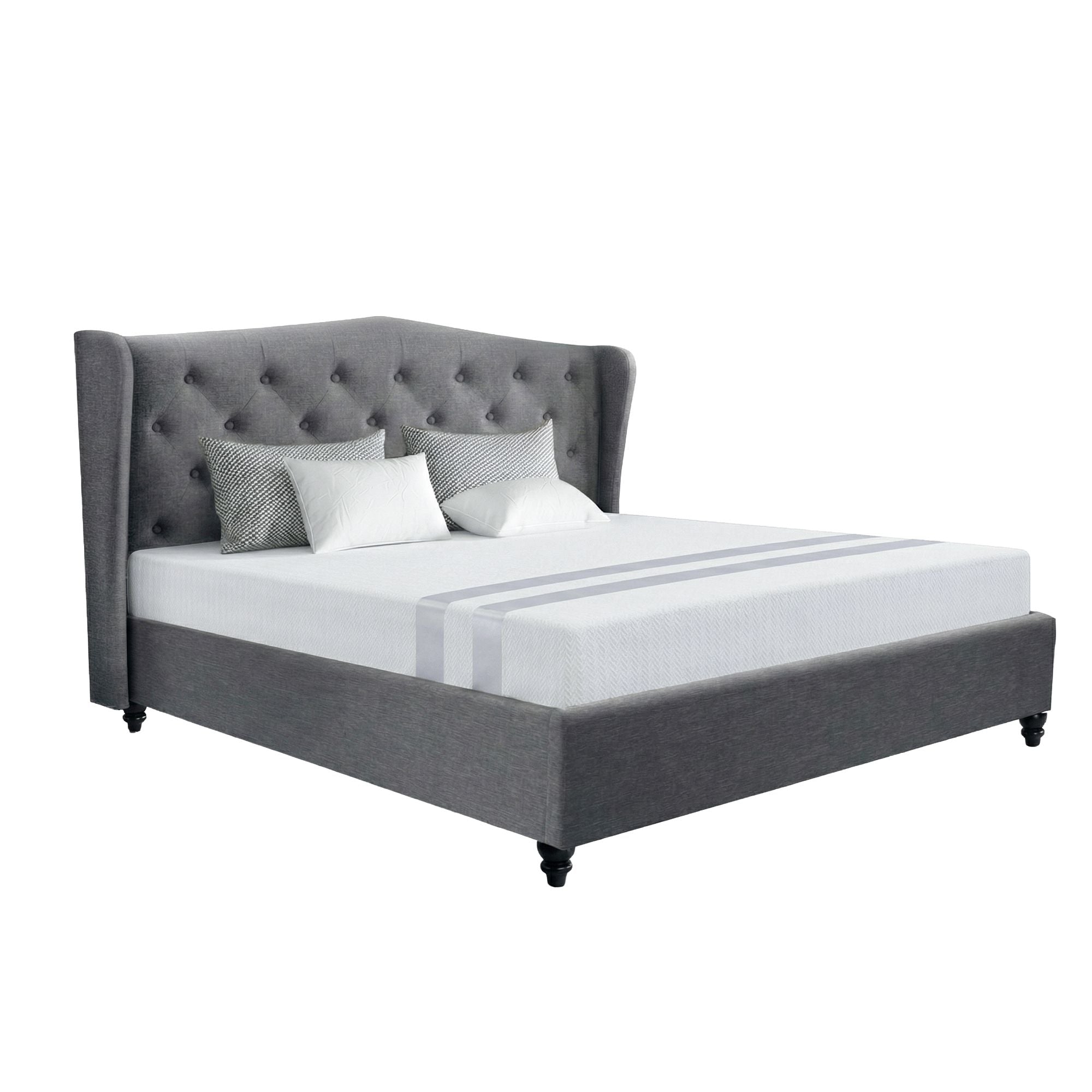 Artiss and BedStory Double Bed Frame and Mattress Set Memory Foam Cooling Gel Medium Soft Tufted Wing Headboard Grey Bedworld