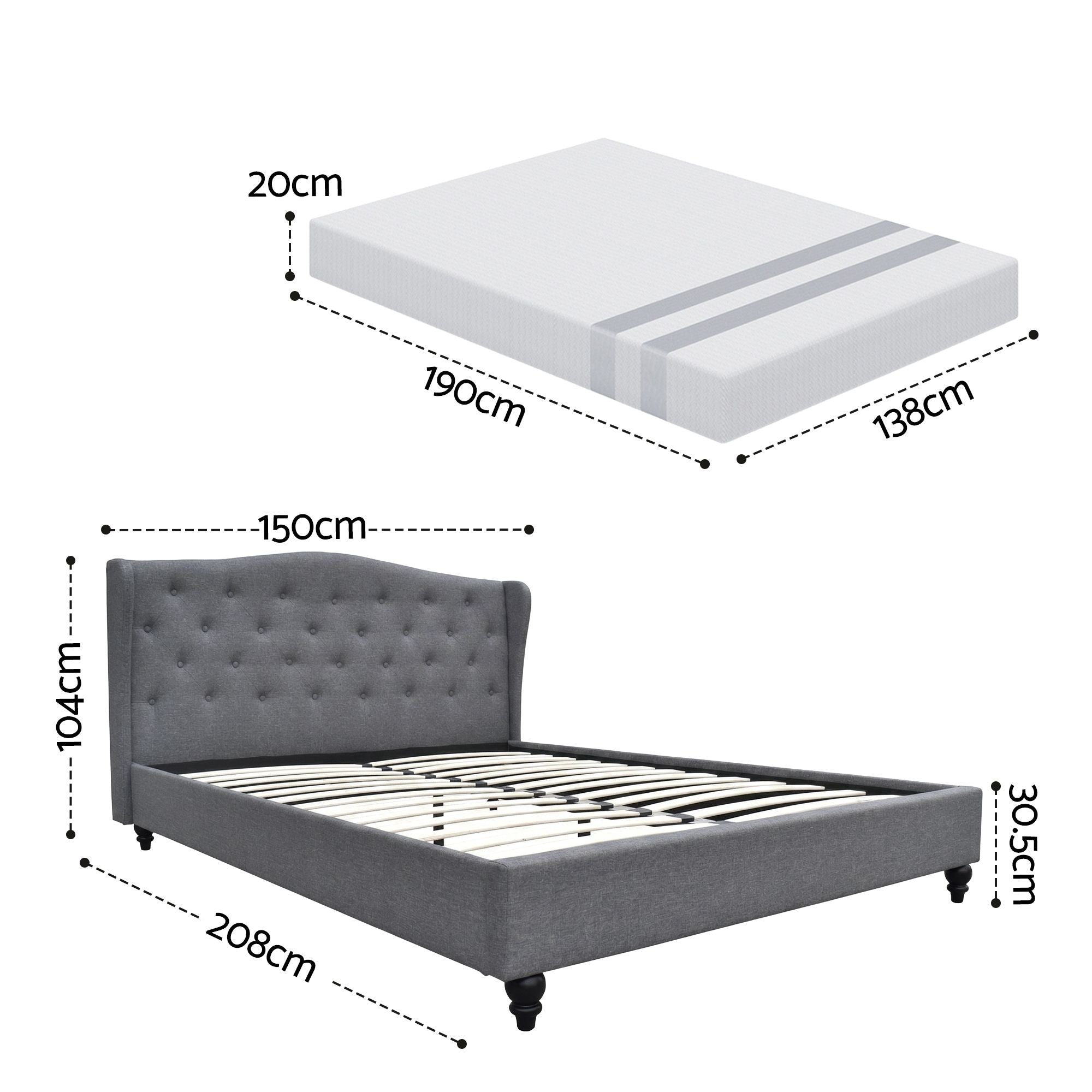 Artiss and BedStory Double Bed Frame and Mattress Set Memory Foam Cooling Gel Medium Soft Tufted Wing Headboard Grey Bedworld