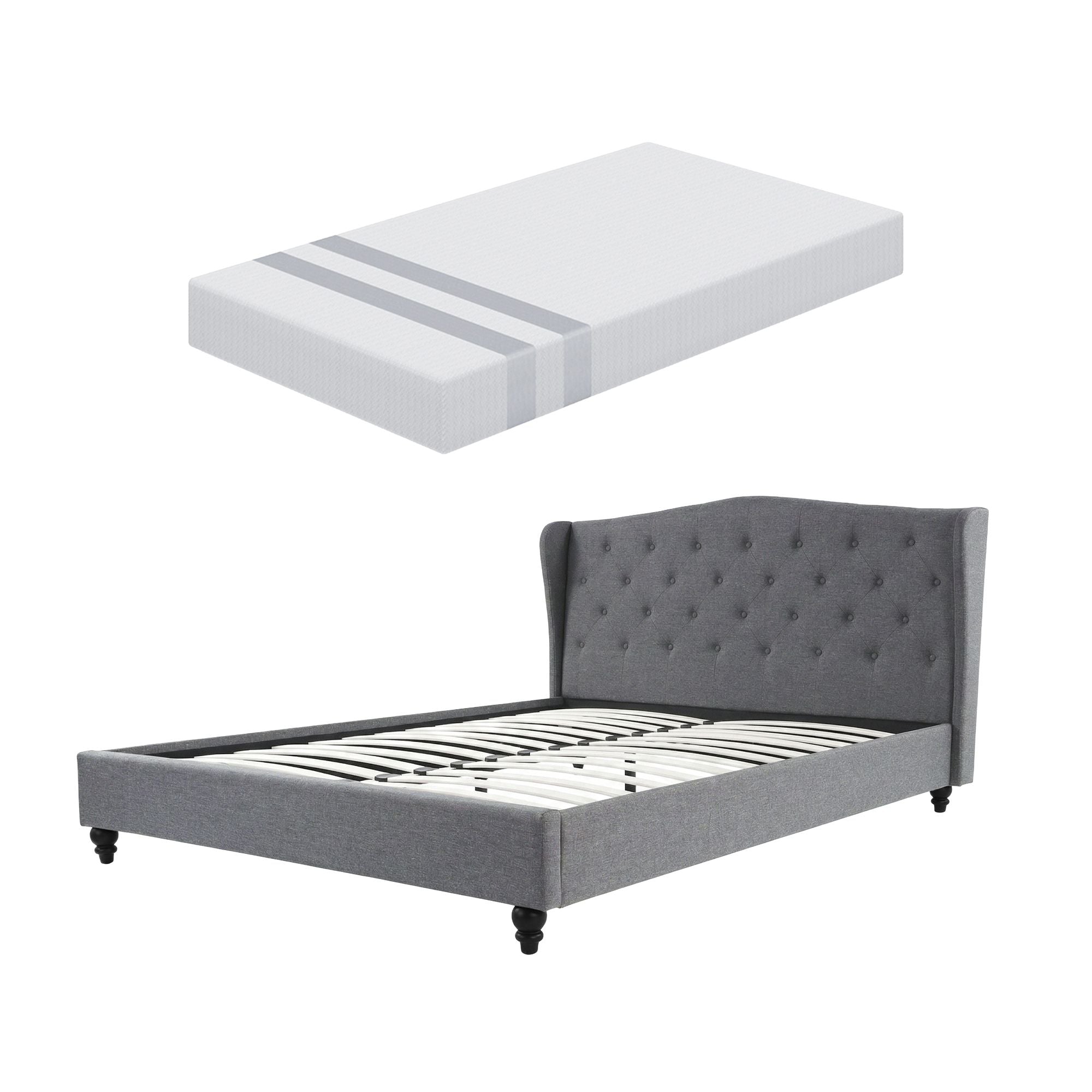 Artiss and BedStory Double Bed Frame and Mattress Set Memory Foam Cooling Gel Medium Soft Tufted Wing Headboard Grey Bedworld