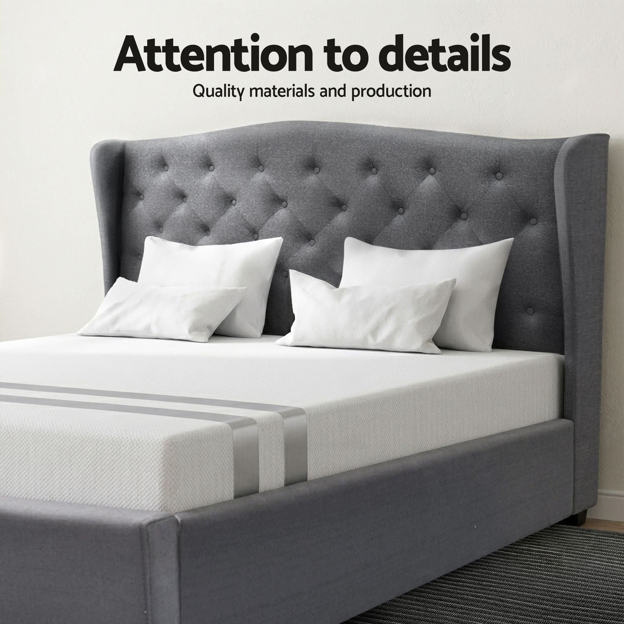 Artiss and BedStory Double Bed Frame and Mattress Set Memory Foam Cooling Gel Medium Soft Tufted Wing Headboard Grey Bedworld