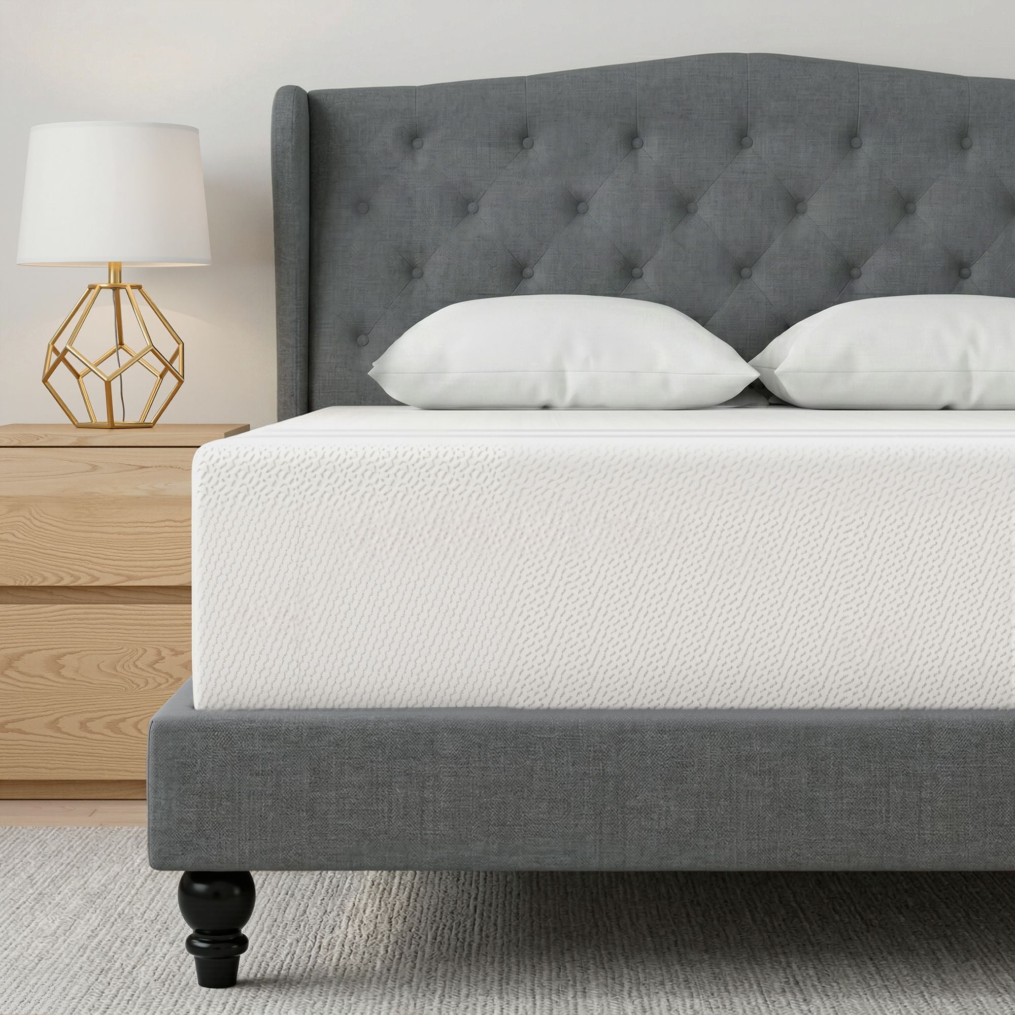 Artiss and BedStory Double Bed Frame and Mattress Set Memory Foam Cooling Gel Medium Soft Tufted Wing Headboard Grey Bedworld
