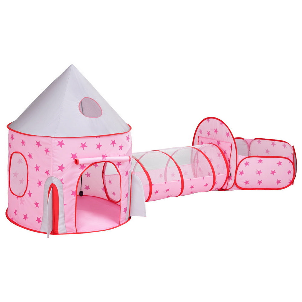 Pink kids play tent castle with star pattern, mesh window, and arched door