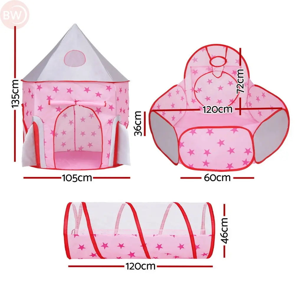 Pink star kids play tent castle with crawl tunnel and basketball hoop set