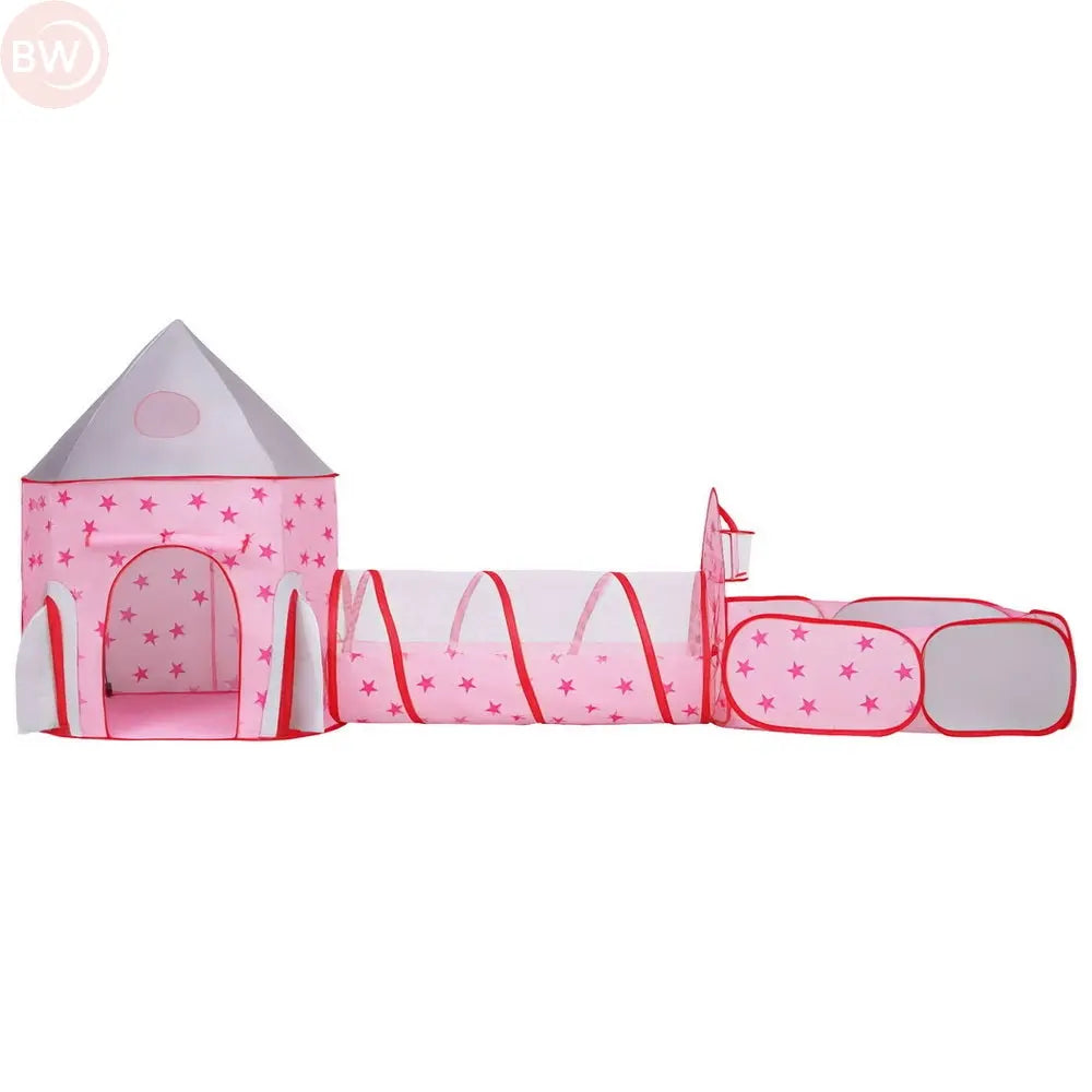 Pink kids play tent castle with crawl tunnel and basketball hoop, star pattern