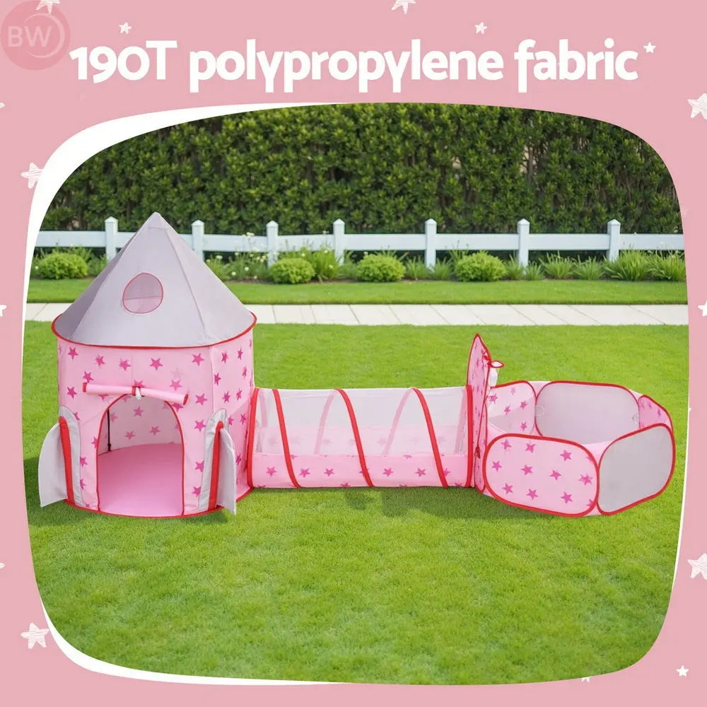 Pink star kids play tent with mesh window, crawl tunnel and basketball hoop