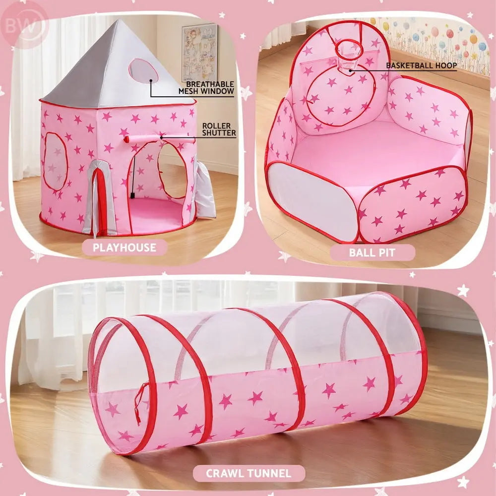Pink star play tent with mesh window and roller shutter, ball pit and hoop