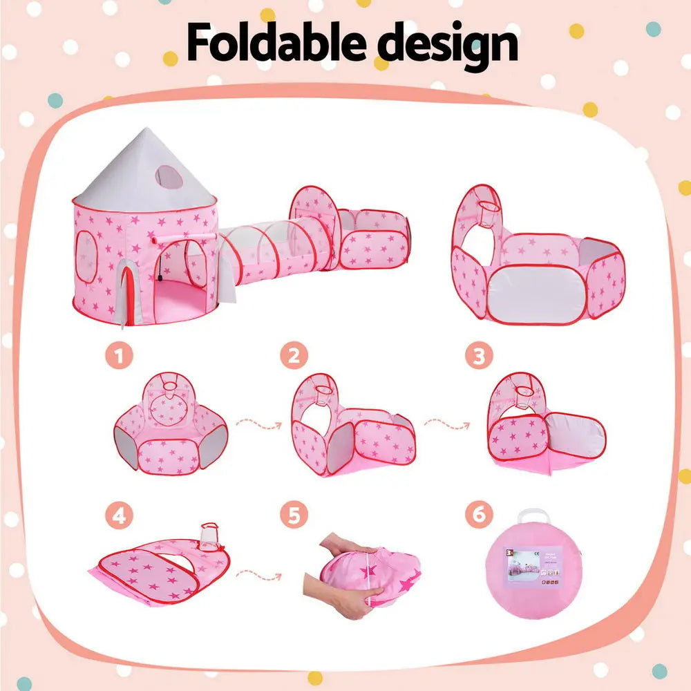 Foldable kids play tent set in pink with stars, tunnel and basketball hoop