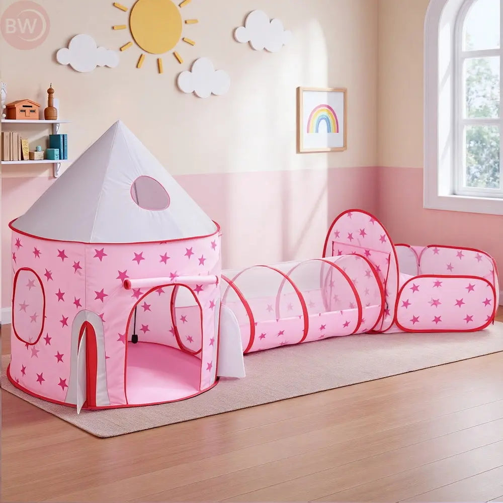 Pink star kids play tent castle with crawl tunnel and basketball hoop, mesh window