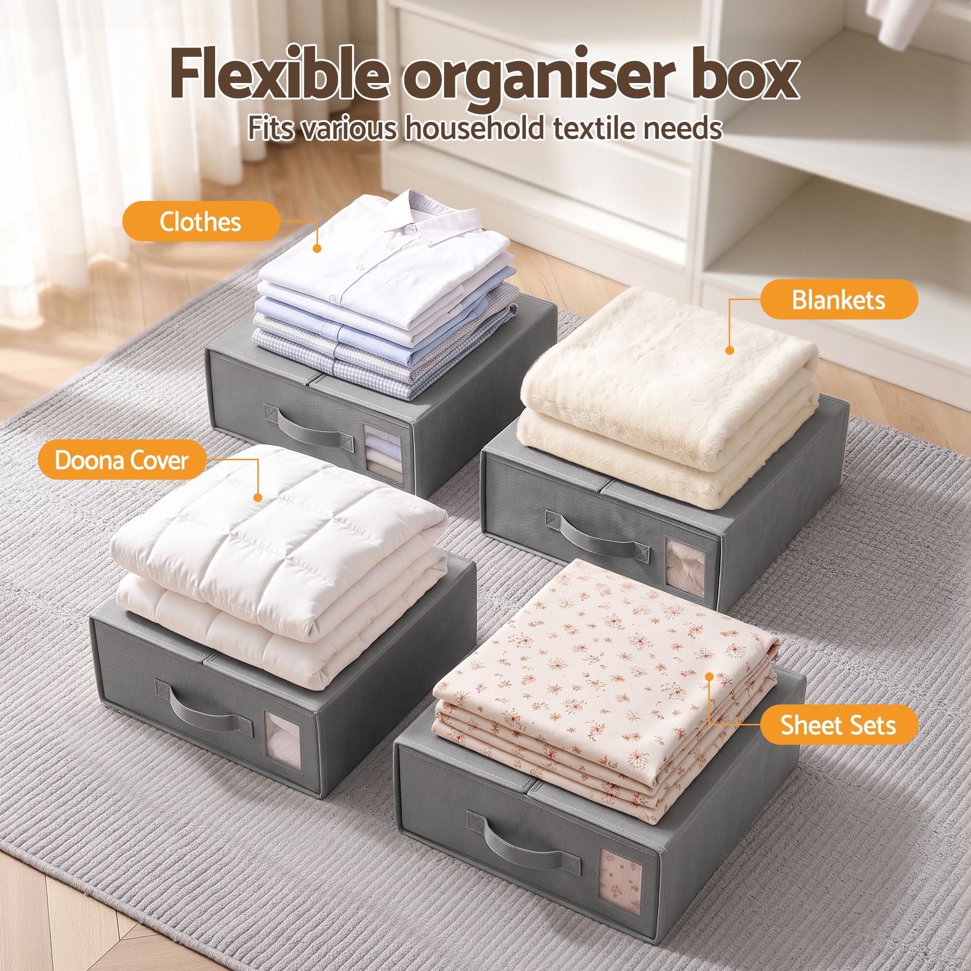 Artiss Bed Sheet Organisers Box Set 8Pcs Storage King Size Bedding Foldable Grey Bedworld