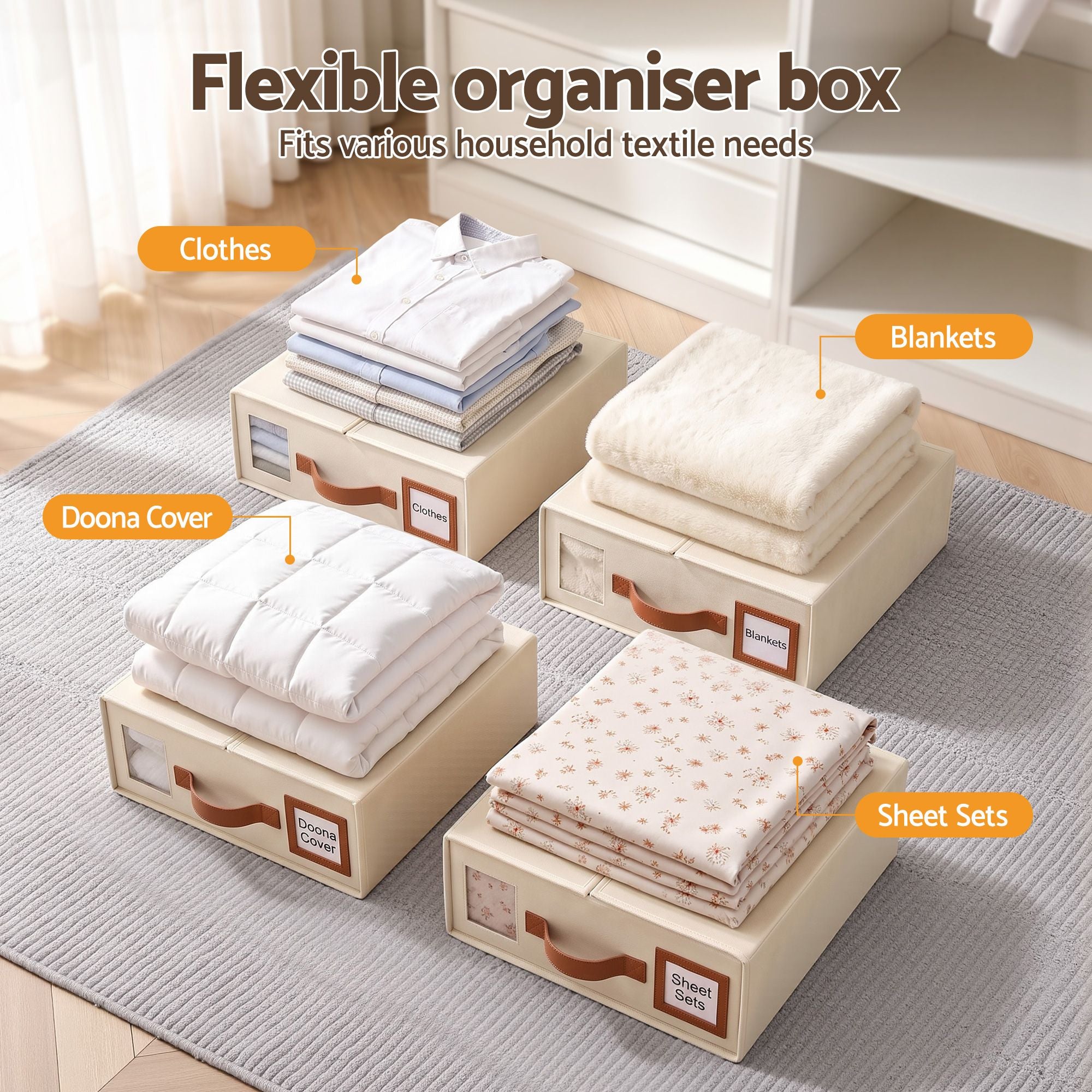 Artiss Bed Sheet Organisers Box 4Pcs Storage King Size Bedding Foldable Beige Bedworld