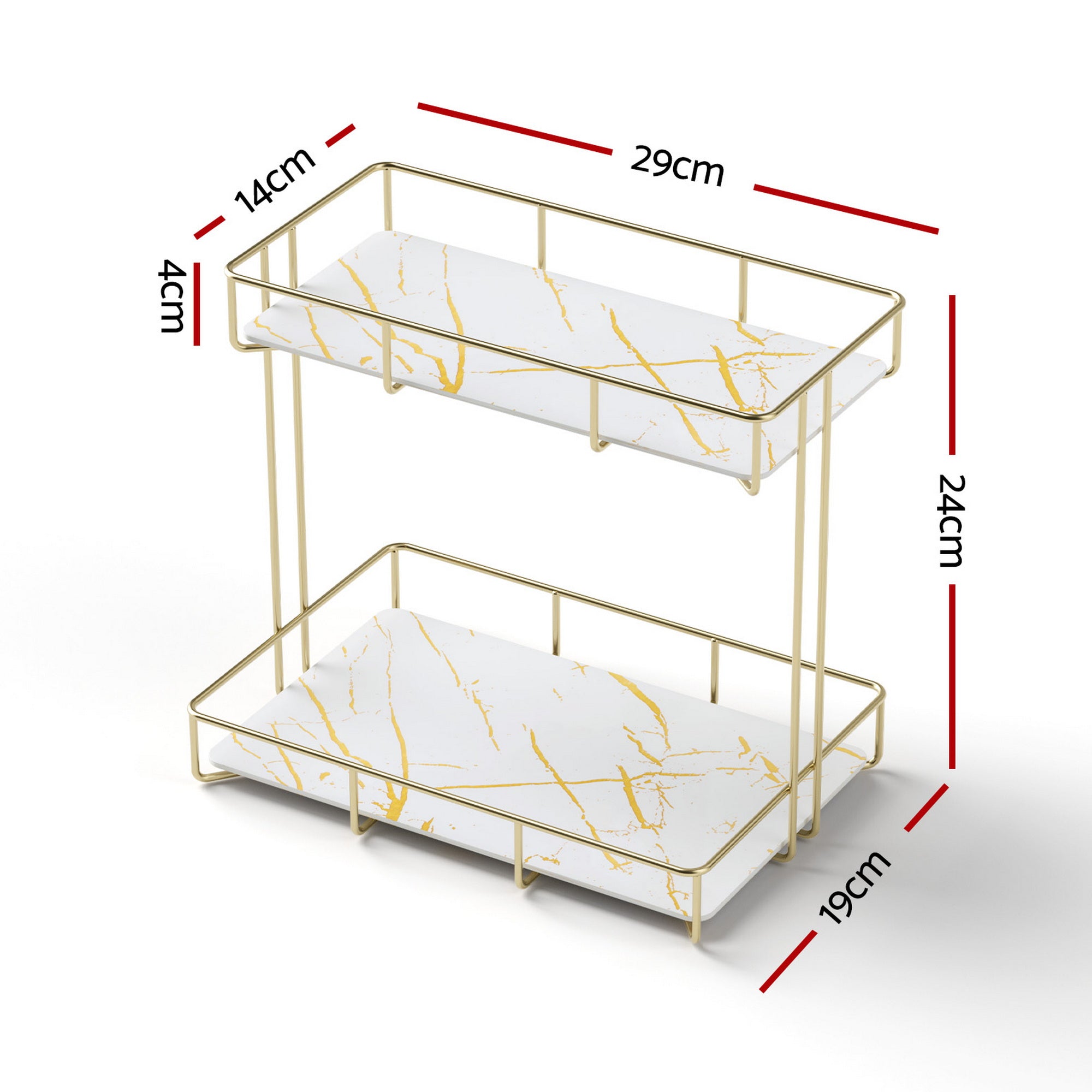 Gold corner 2-tier bathroom rack with white marble-look glass shelves