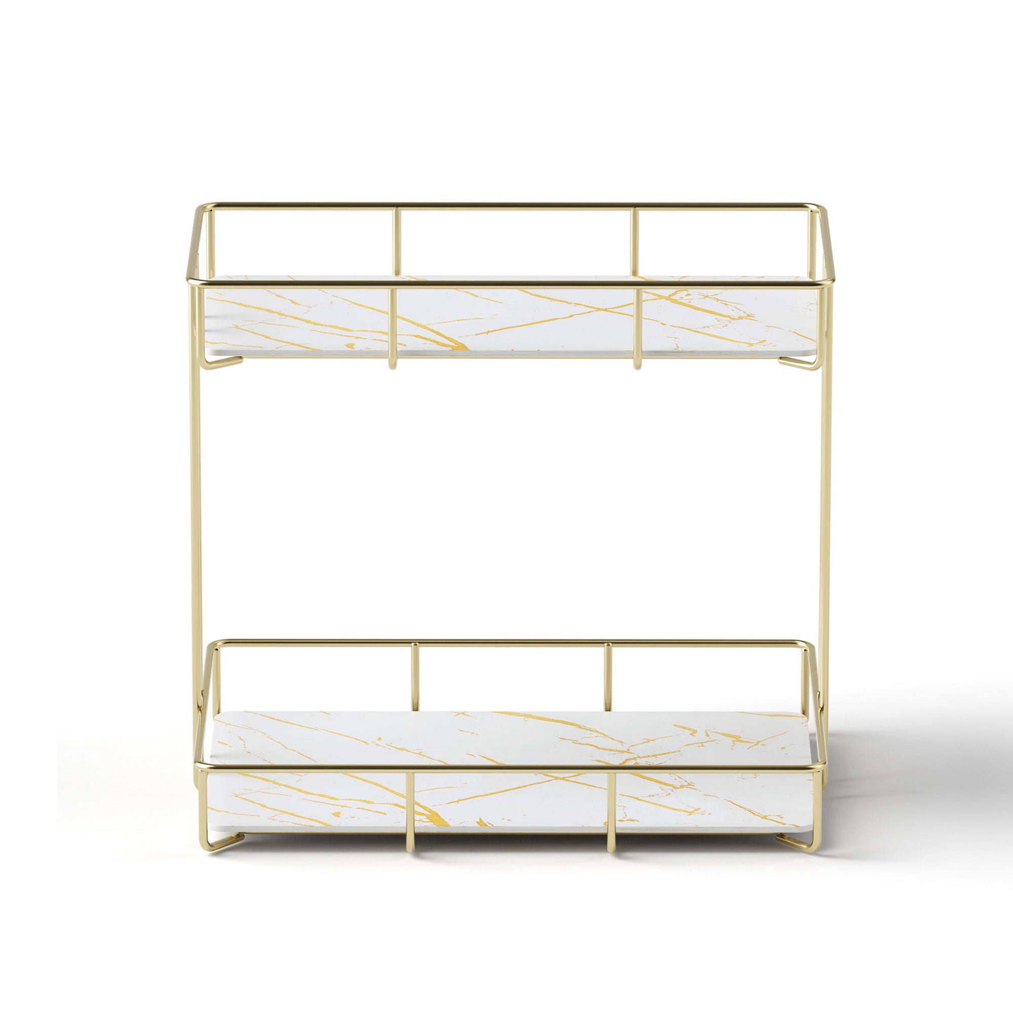 Gold metal corner rack with two marble-look glass shelves