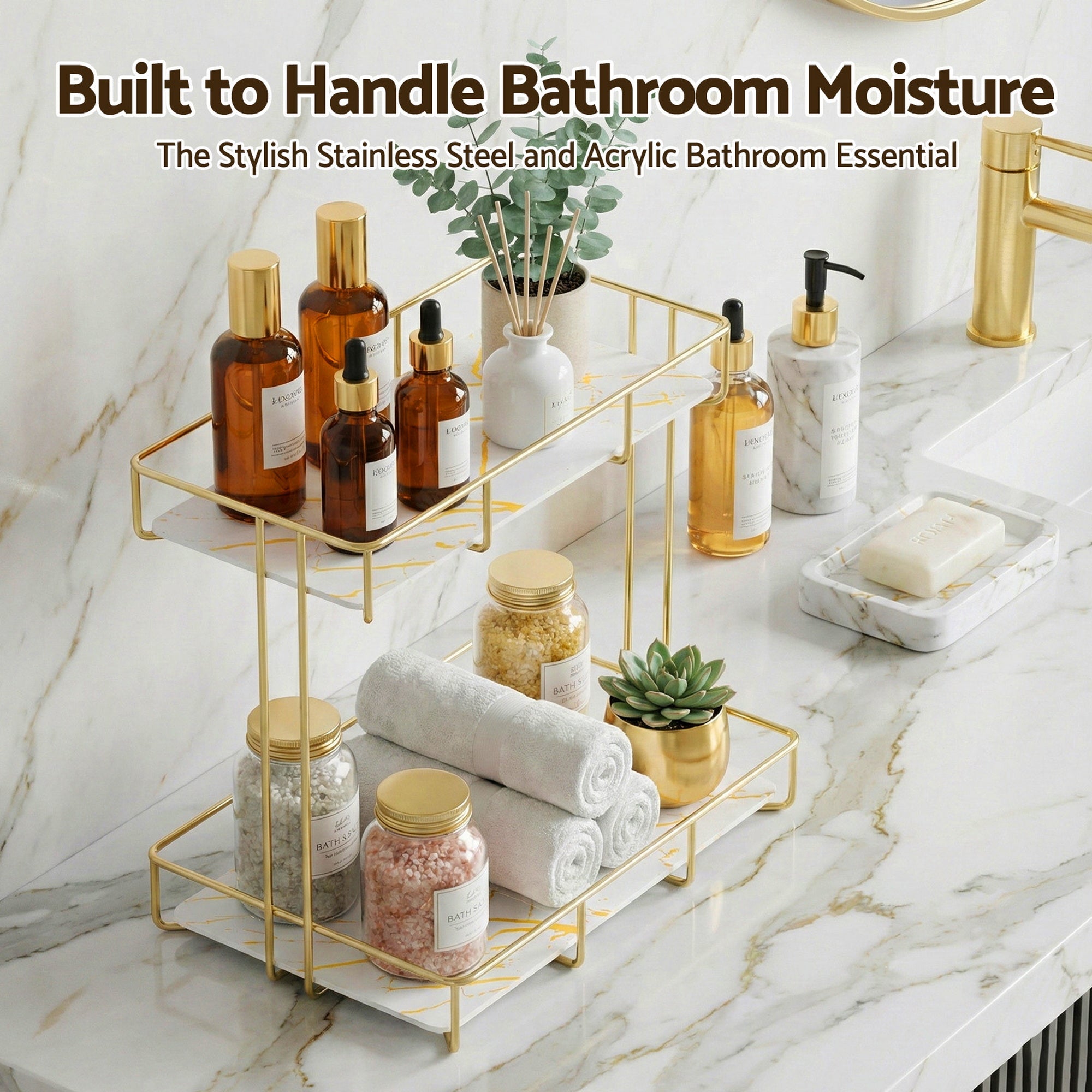 Gold 2-tier corner organizer with marble-look shelves for bathroom essentials