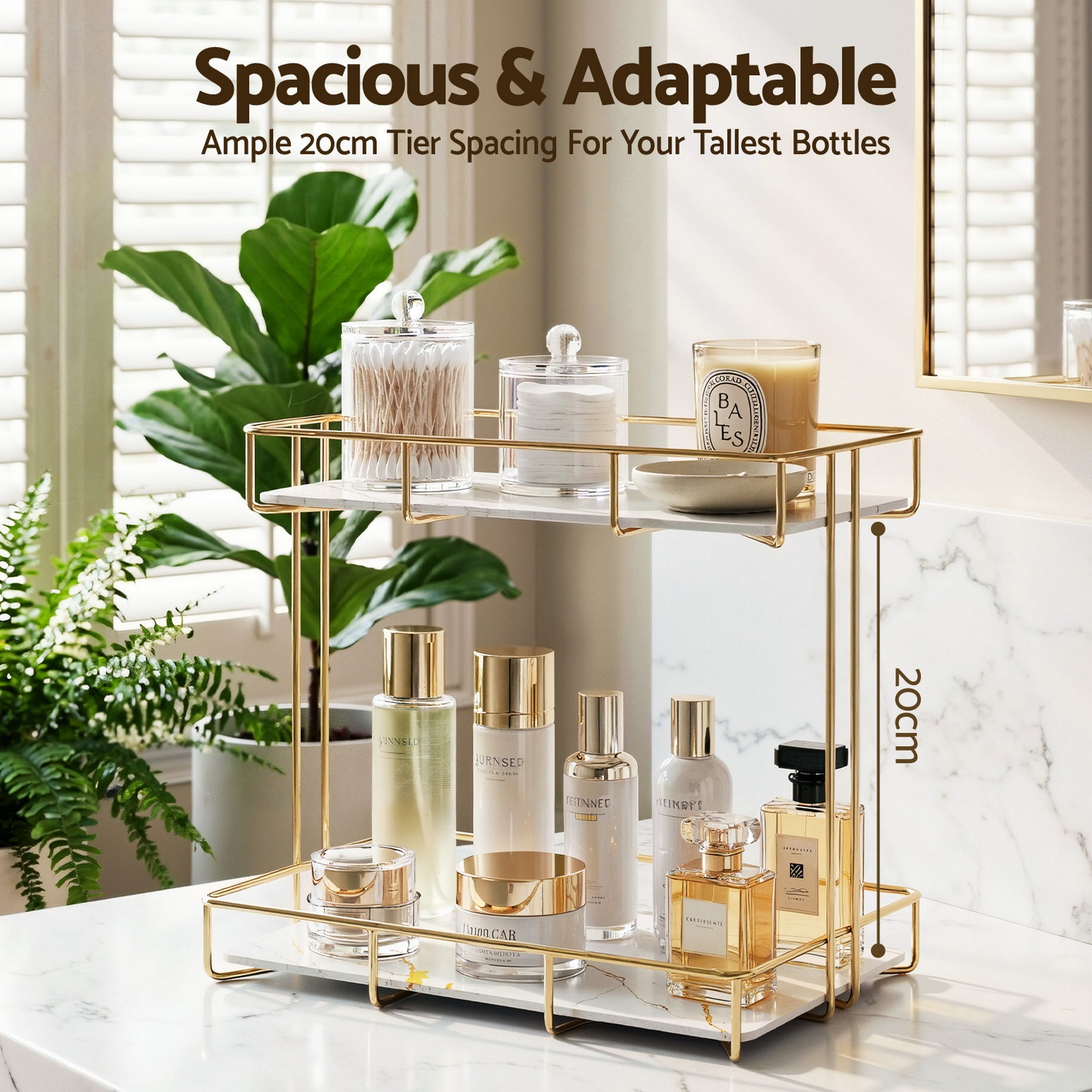 Gold 2-tier corner organizer rack with marble-look glass shelves holding bottles