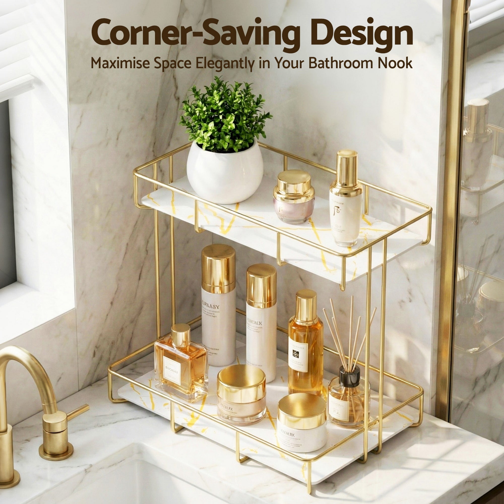 Gold corner 2-tier bathroom rack with open shelves and marble-look glass