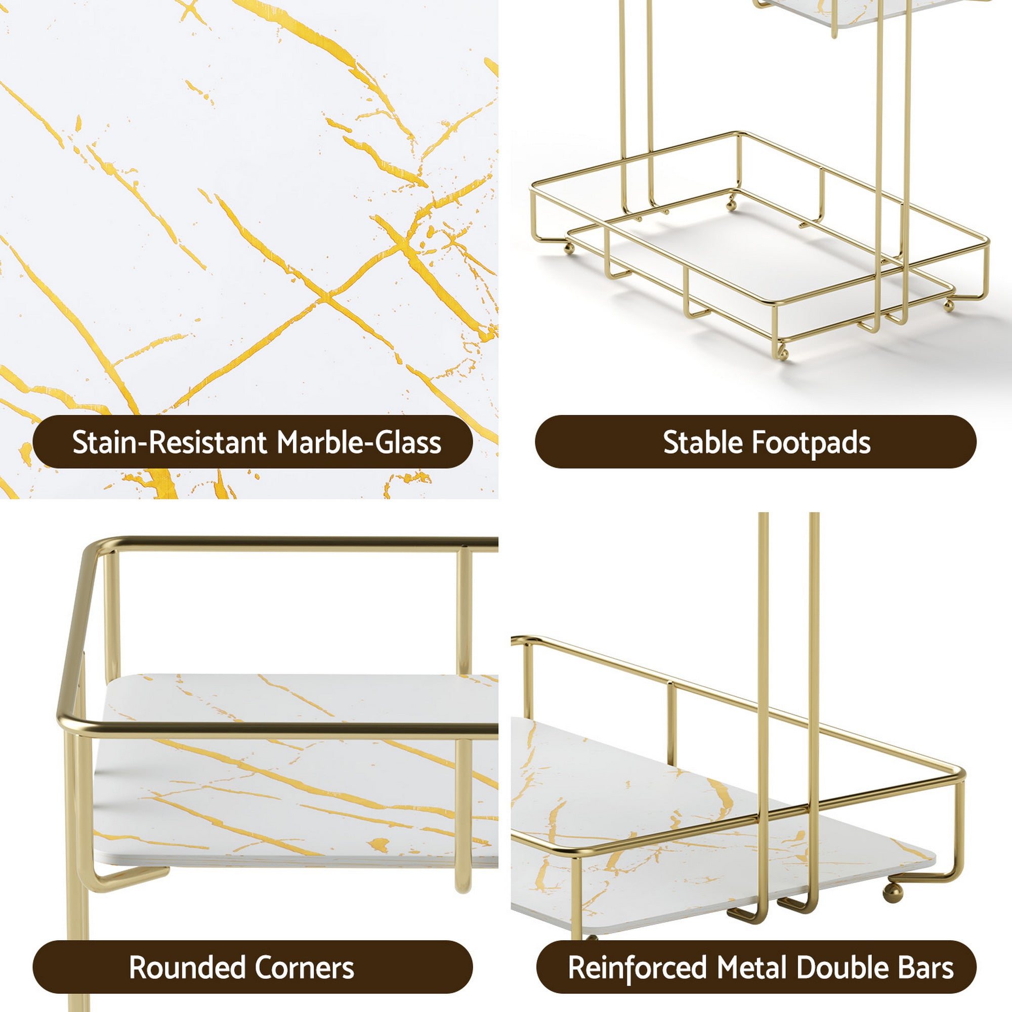 Gold corner rack with two marble-look glass shelves, rounded corners, double bars