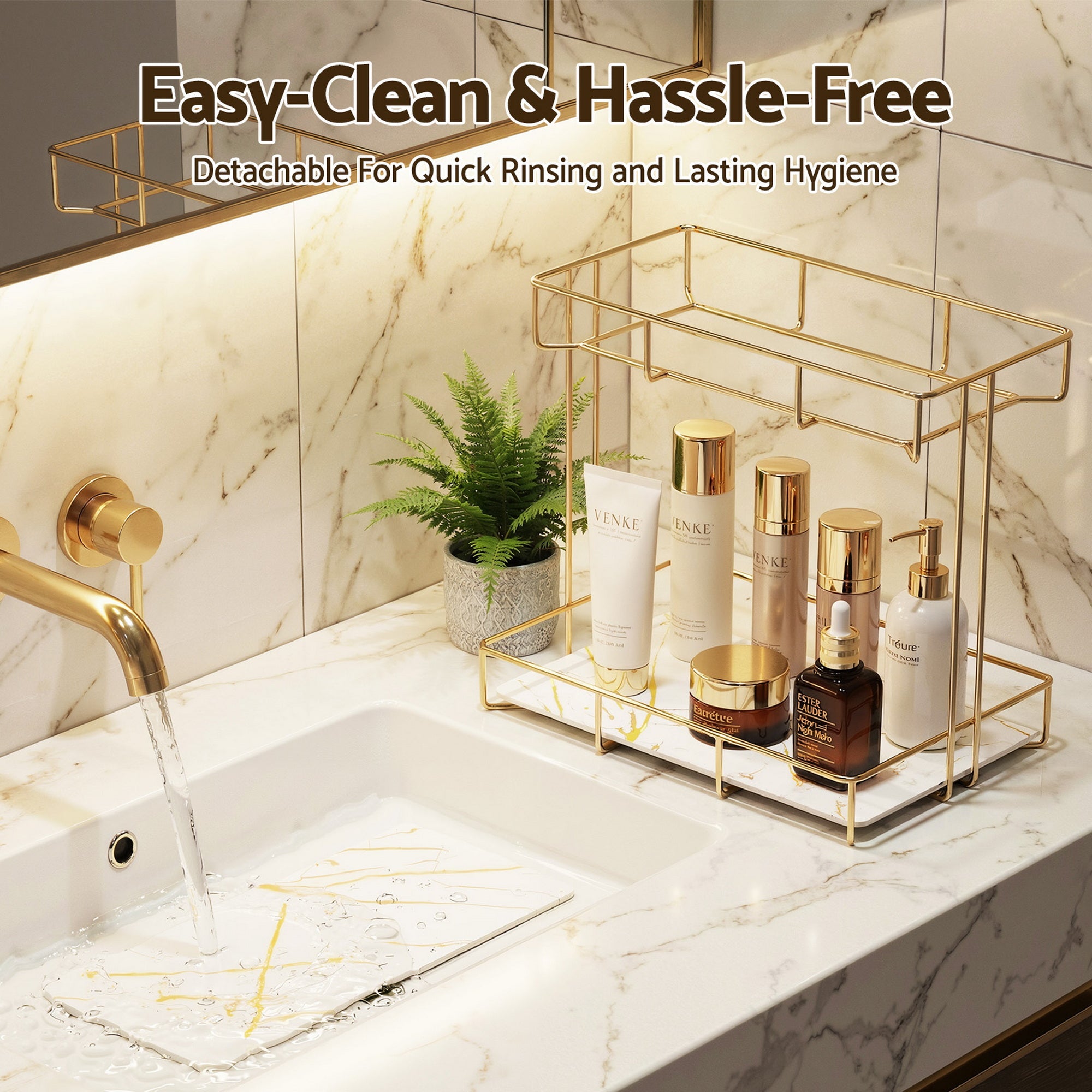 Gold corner 2-tier rack with marble-look glass shelves and stable footpads