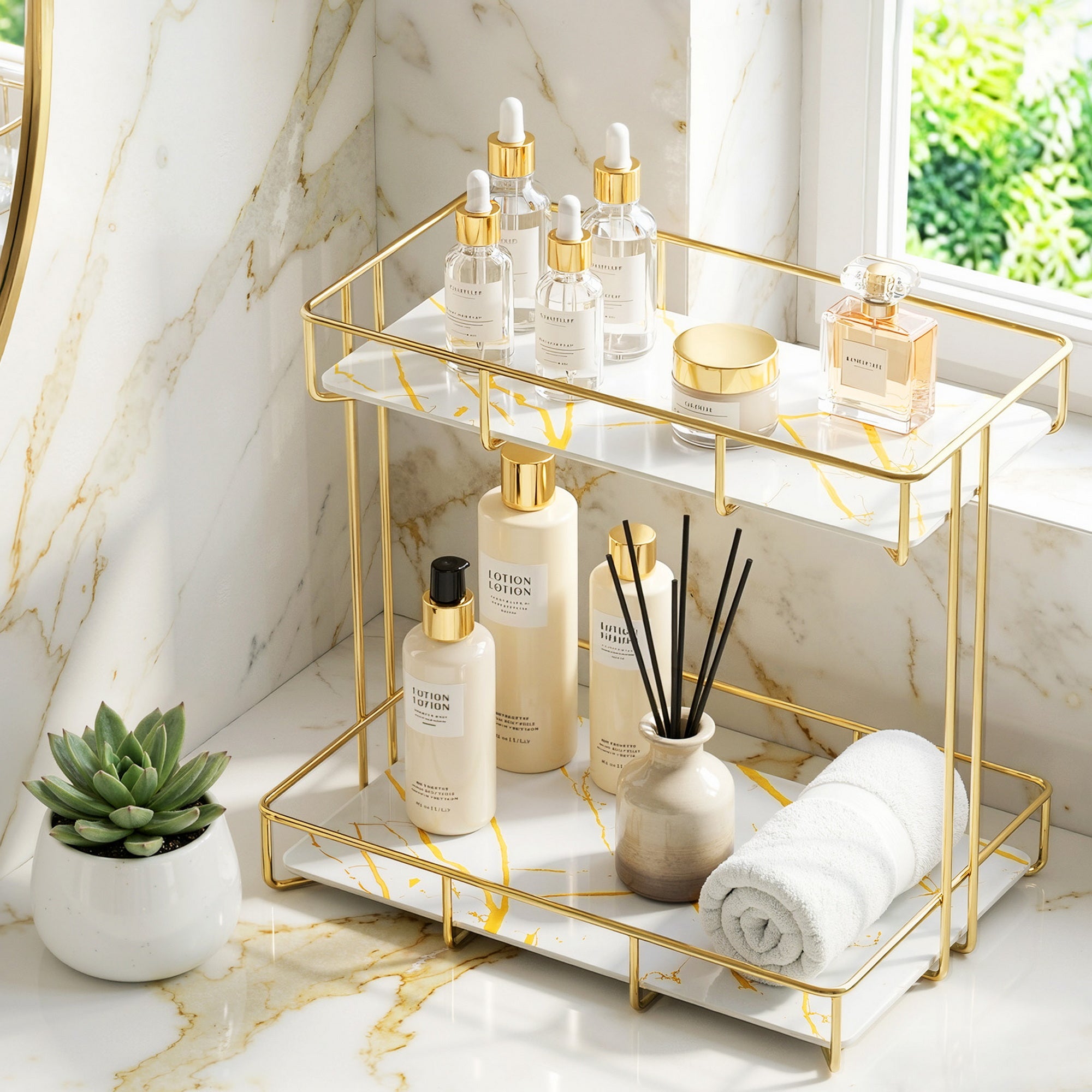 Gold 2-tier corner bathroom rack with marble-look glass shelves and toiletries