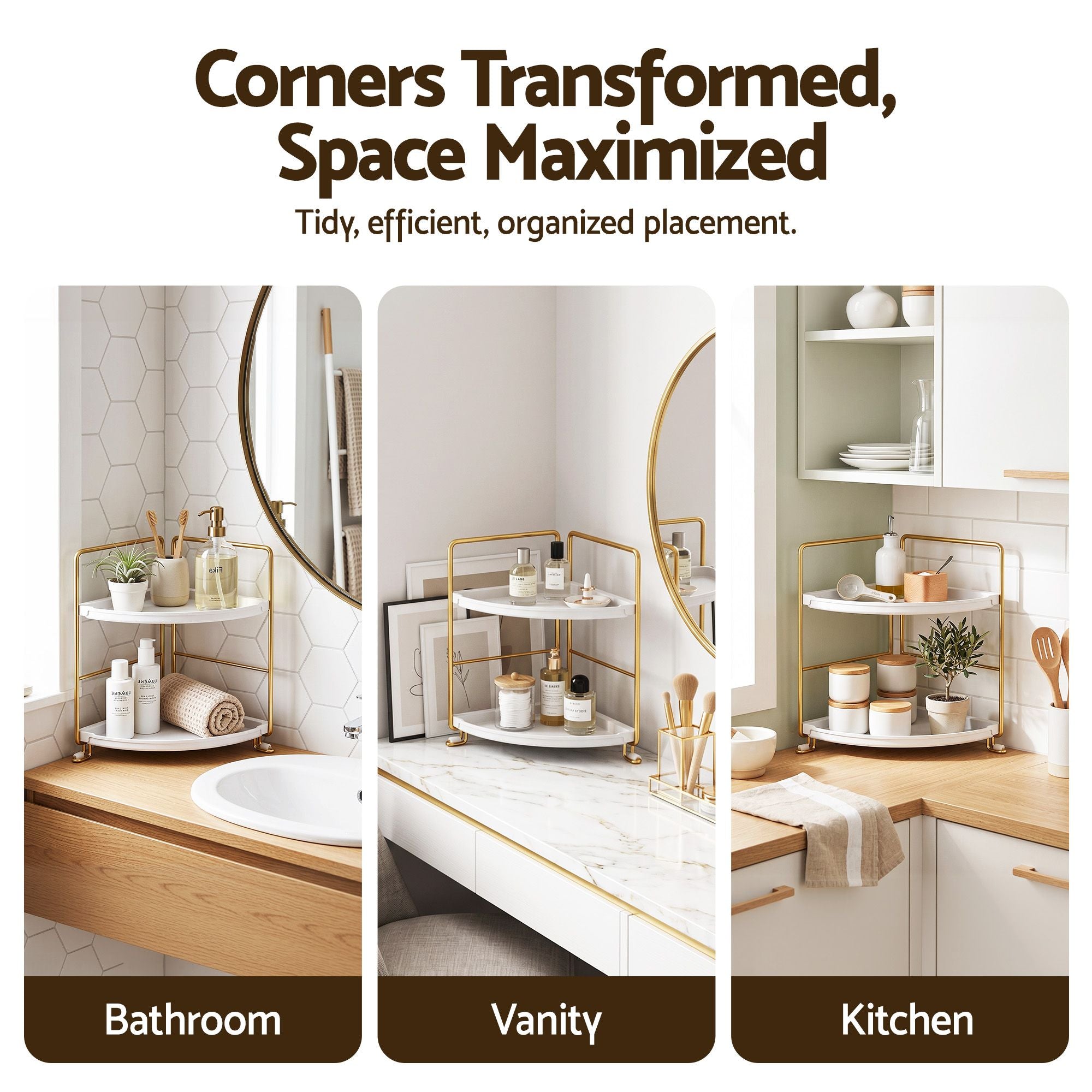Artiss Bathroom Corner Shelf Countertop Organiser Vanity Storage Rack White Gold Bedworld