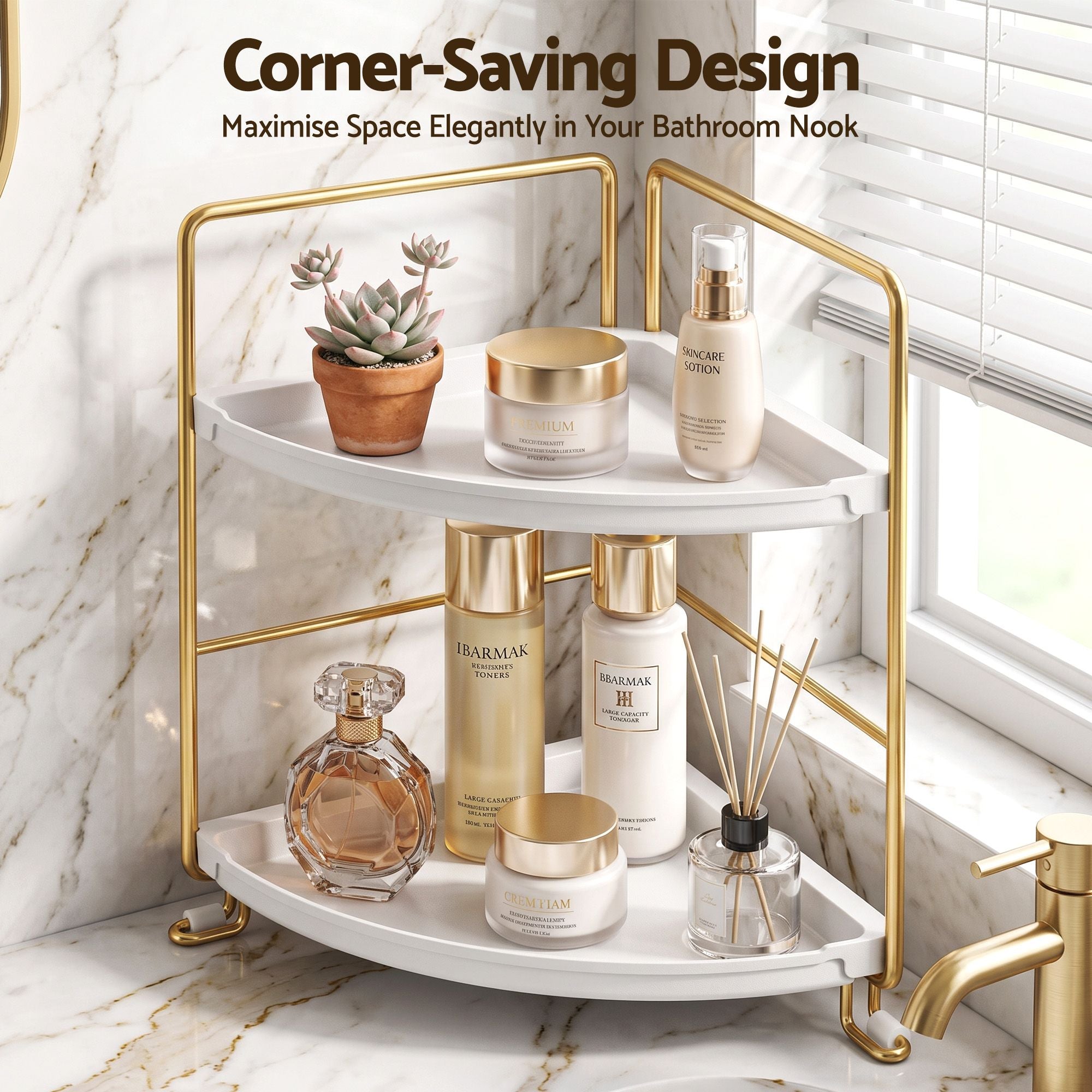 Artiss Bathroom Corner Shelf Countertop Organiser Vanity Storage Rack White Gold Bedworld