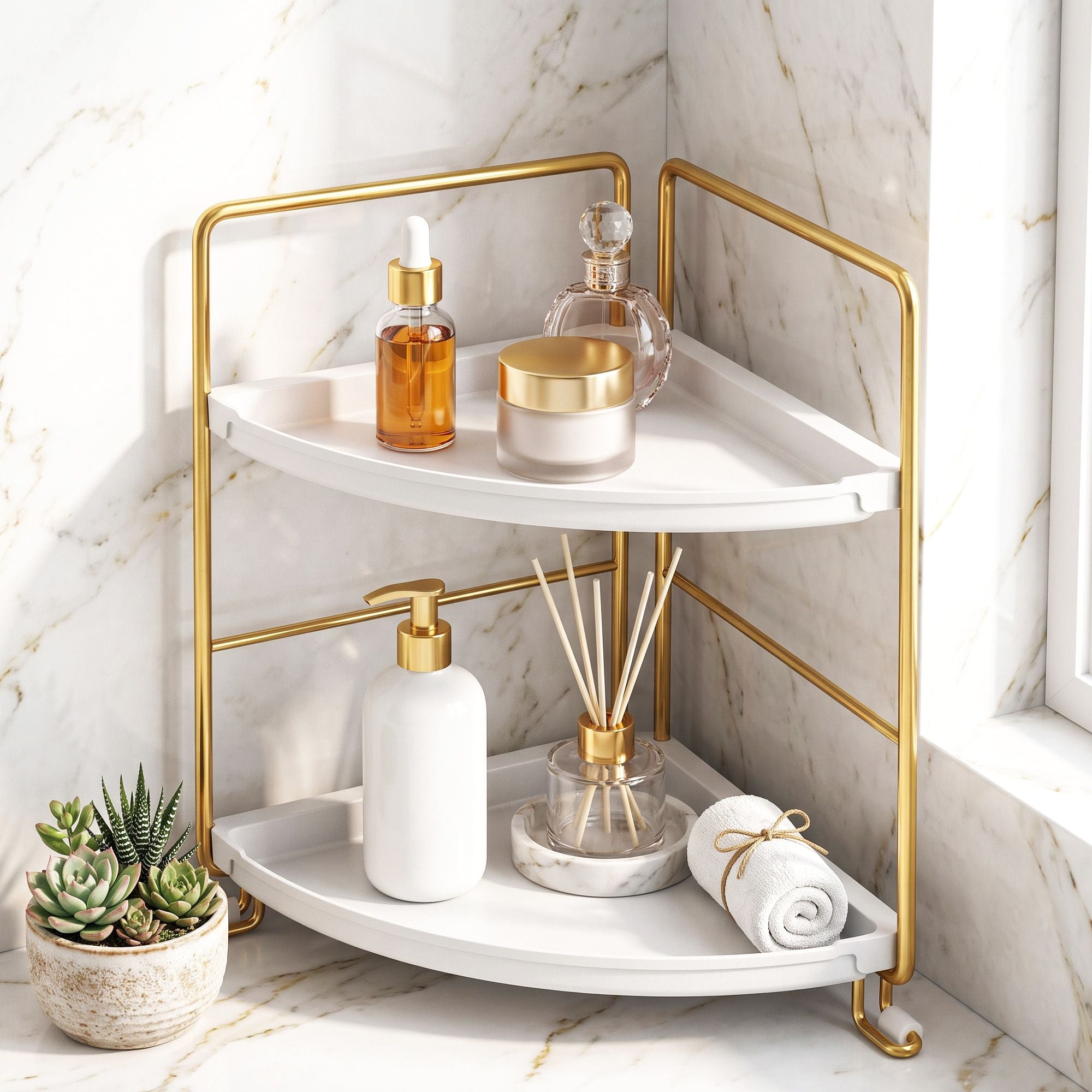 Artiss Bathroom Corner Shelf Countertop Organiser Vanity Storage Rack White Gold Bedworld