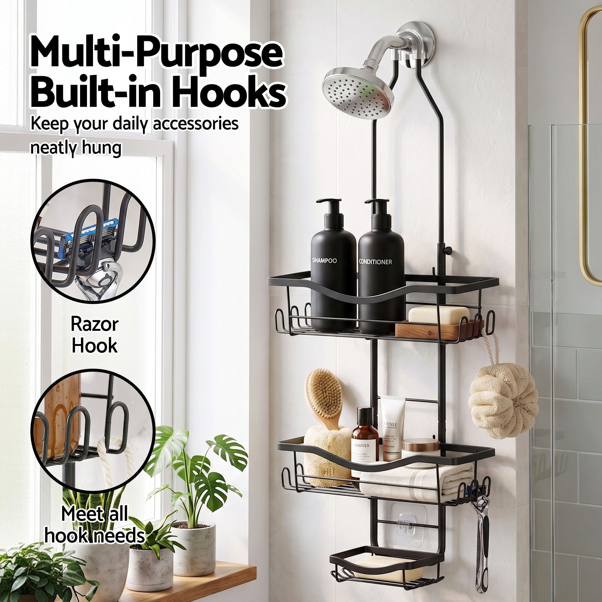 Artiss Shower Caddy Hanging Bathroom Organiser Over Head Black Bedworld