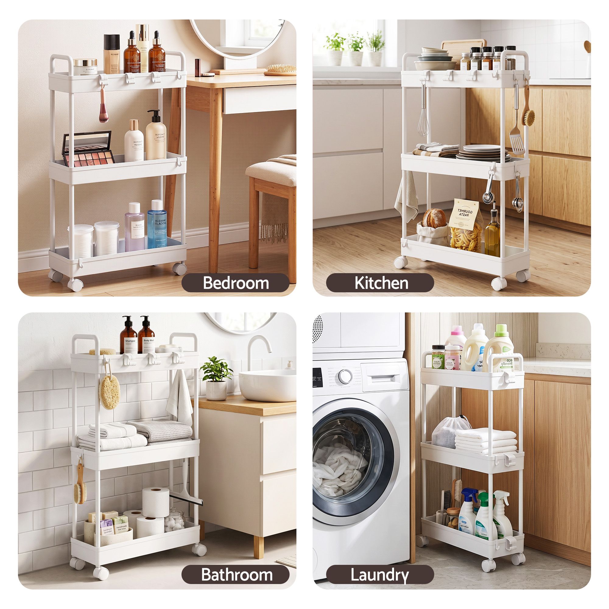 Artiss 3 Tier Slim Storage Trolley Narrow Utility Organiser Rack White Bedworld