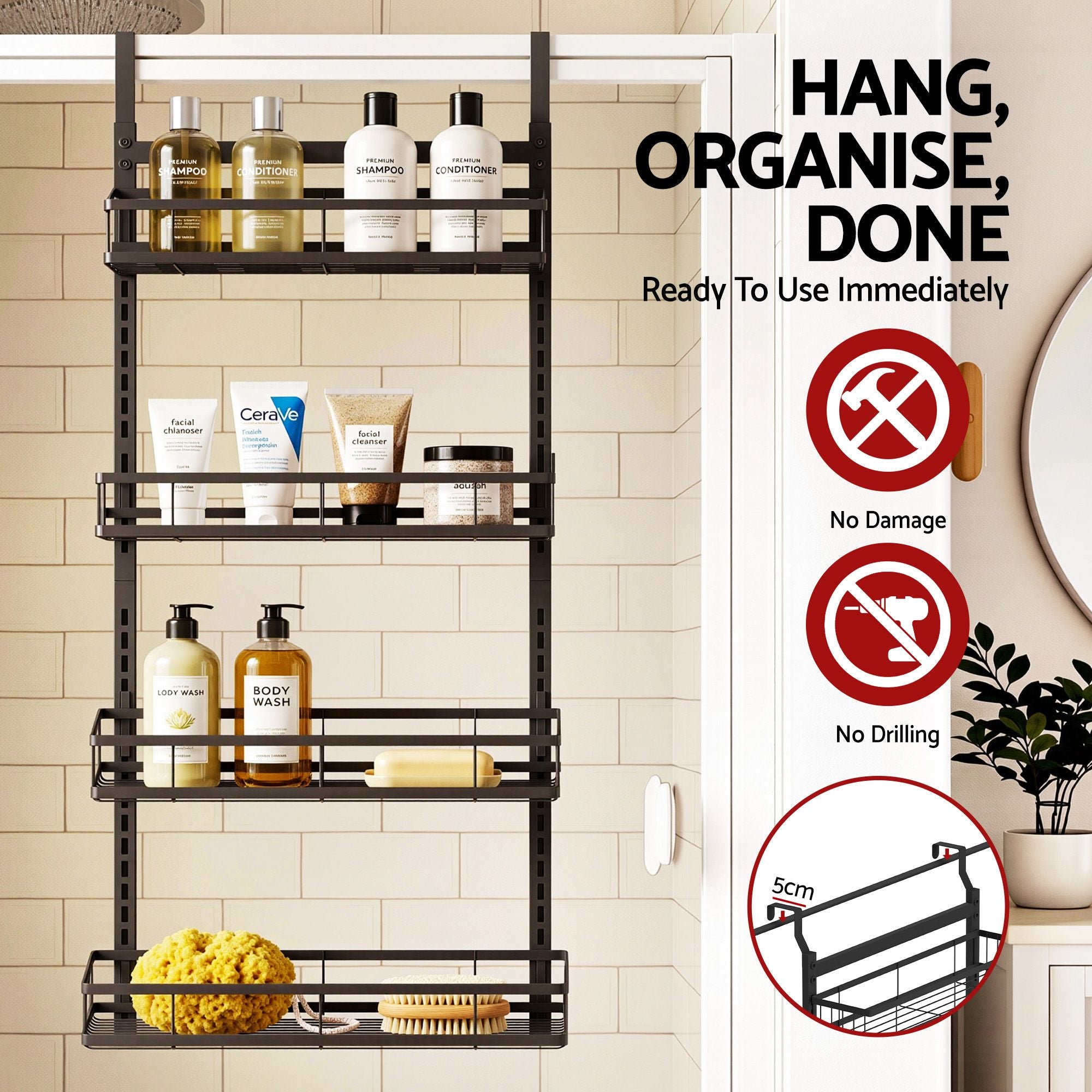 Artiss Over Door Bathroom Rack Hanging Organiser 4 Tier No Drill 91cm Black Bedworld