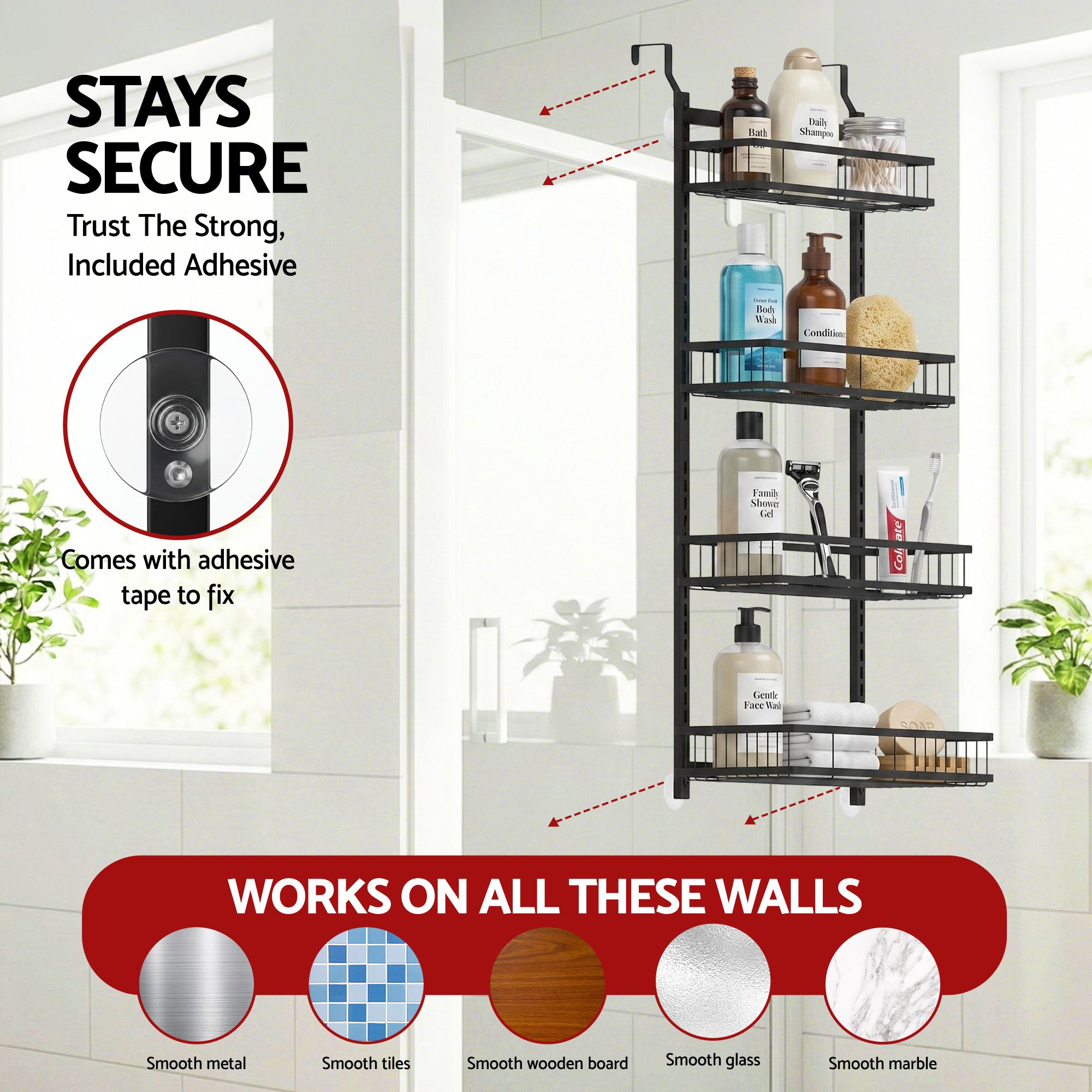 Artiss Over Door Bathroom Rack Hanging Organiser 4 Tier No Drill 91cm Black Bedworld