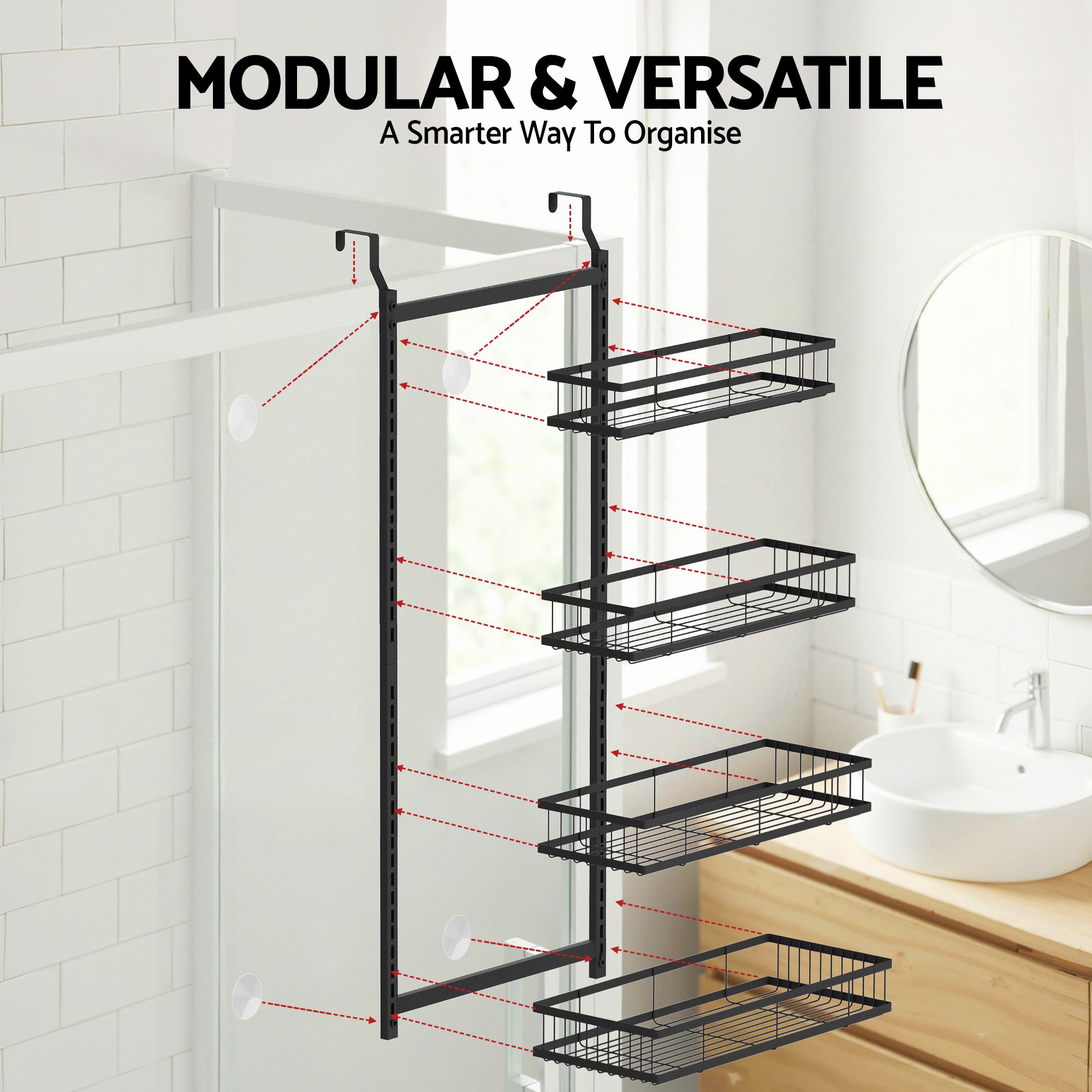 Artiss Over Door Bathroom Rack Hanging Organiser 4 Tier No Drill 91cm Black Bedworld
