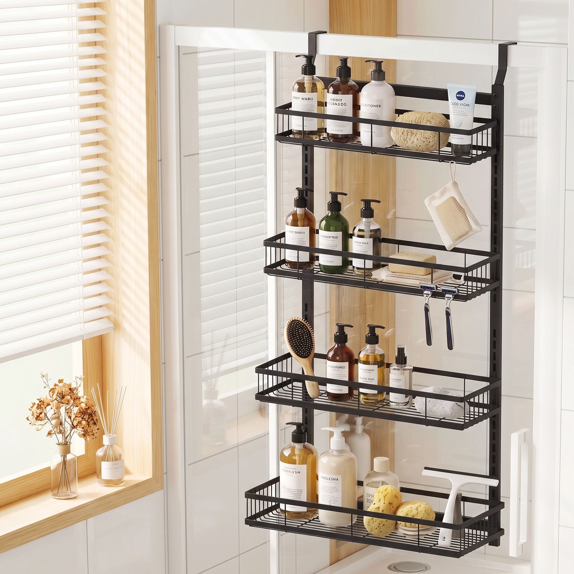 Artiss Over Door Bathroom Rack Hanging Organiser 4 Tier No Drill 91cm Black Bedworld