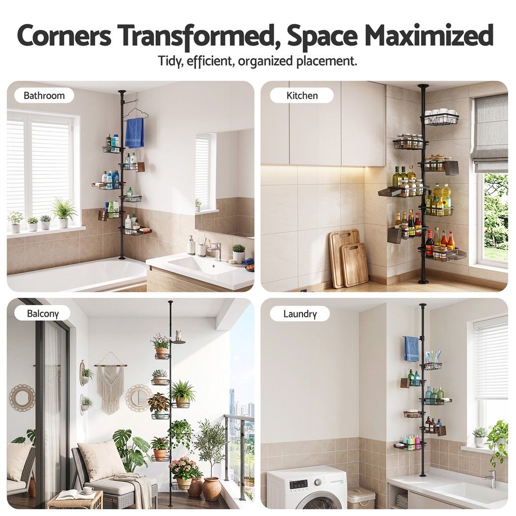 Artiss Tension Pole Shower Caddy Steel Corner Bathroom Shelf Black Bedworld