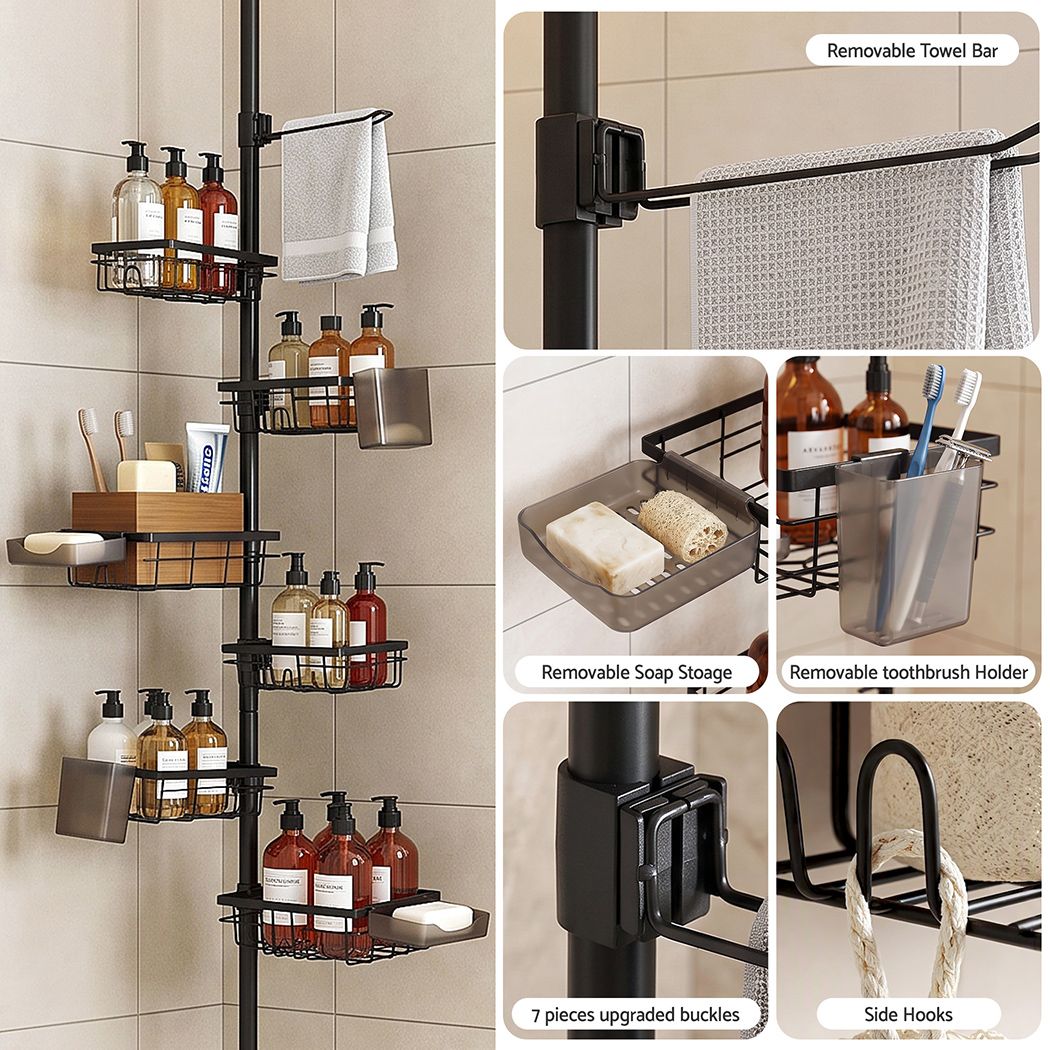 Artiss Tension Pole Shower Caddy Steel Corner Bathroom Shelf Black Bedworld