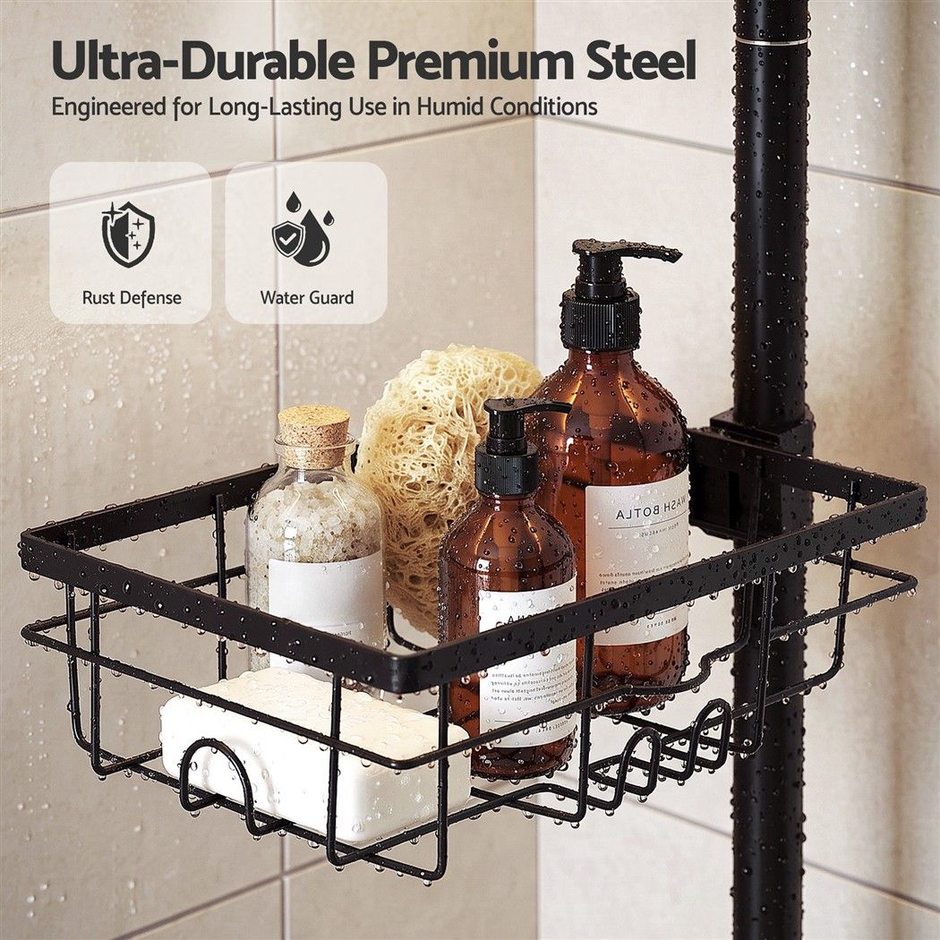 Artiss Tension Pole Shower Caddy Steel Corner Bathroom Shelf Black Bedworld