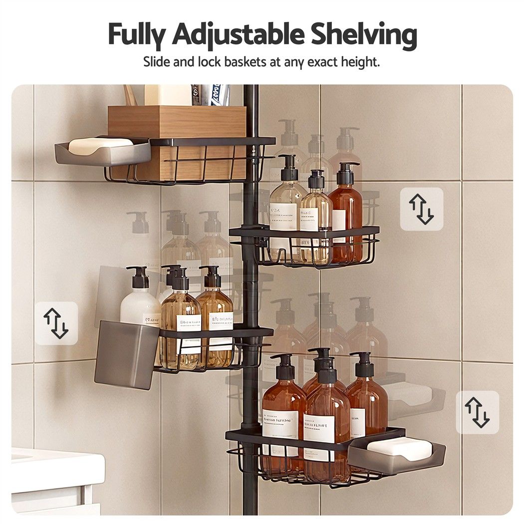 Artiss Tension Pole Shower Caddy Steel Corner Bathroom Shelf Black Bedworld