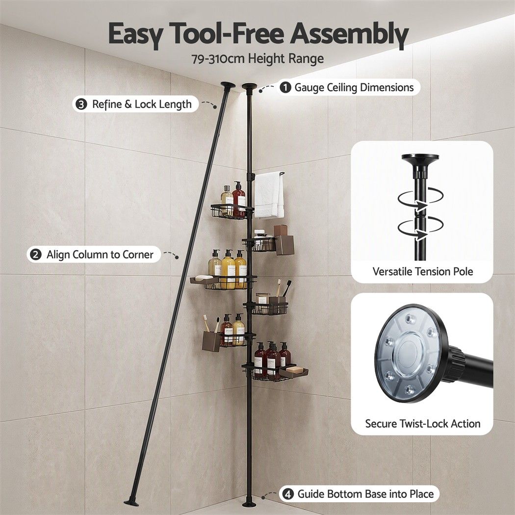 Artiss Tension Pole Shower Caddy Steel Corner Bathroom Shelf Black Bedworld