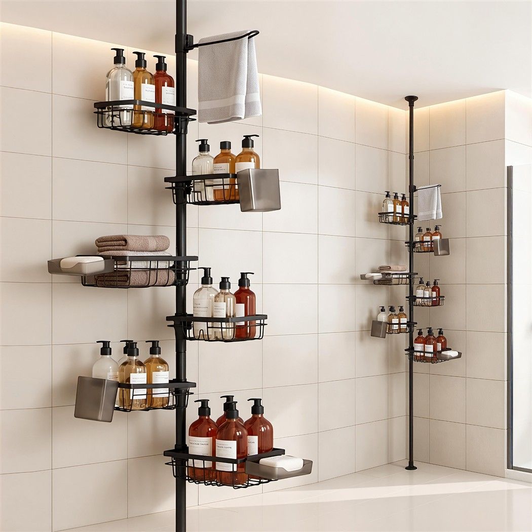 Artiss Tension Pole Shower Caddy Steel Corner Bathroom Shelf Black Bedworld