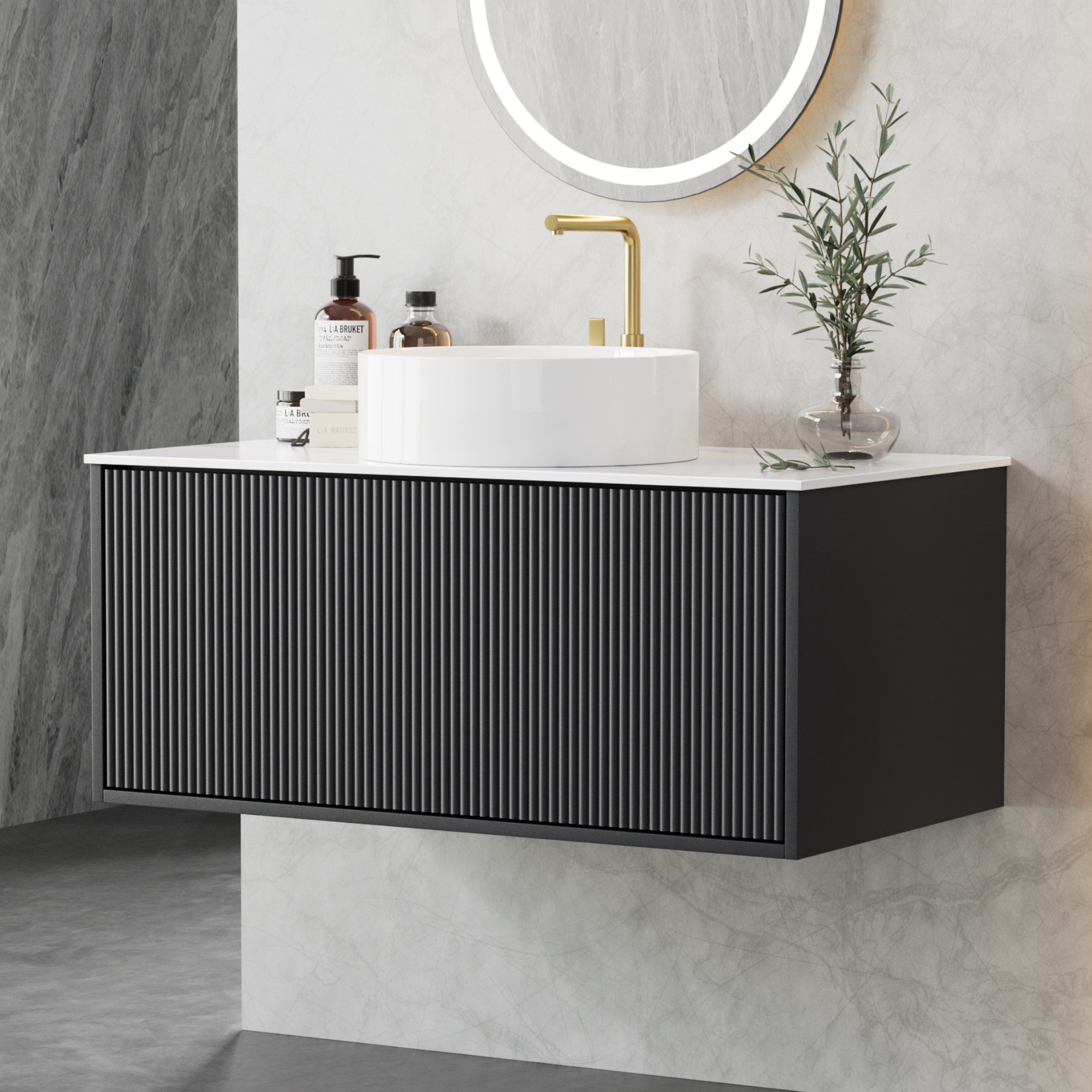 Cefito Vanity Unit 900mm Bathroom Cabinet Storage Wall Hung Grooved Timber Black
