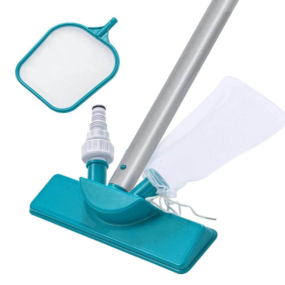 Pool vacuum head with turquoise mesh filter bag, telescoping pole and adapter connector