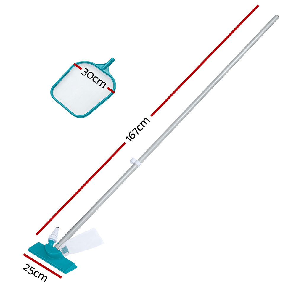 Pool vacuum pole with turquoise brush head and mesh skimmer net, 167cm length