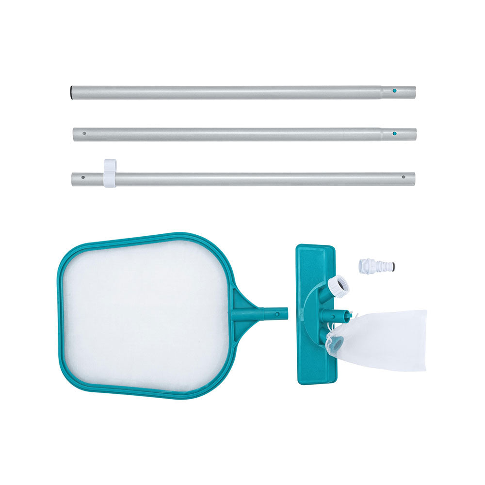 Pool vacuum kit parts: mesh skimmer net, mounting plate, adapter and two poles