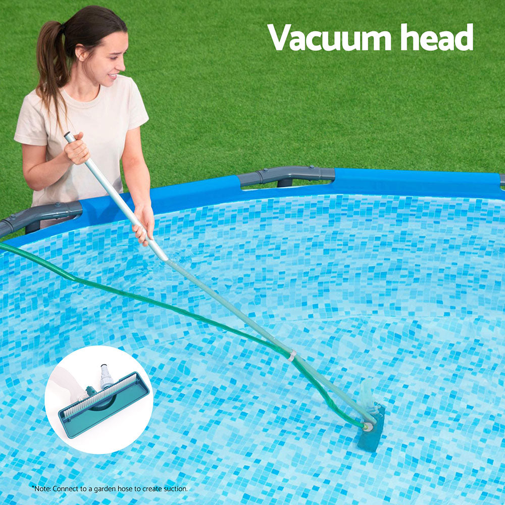 Pool vacuum pole with turquoise vacuum head and hose connector for pool cleaning
