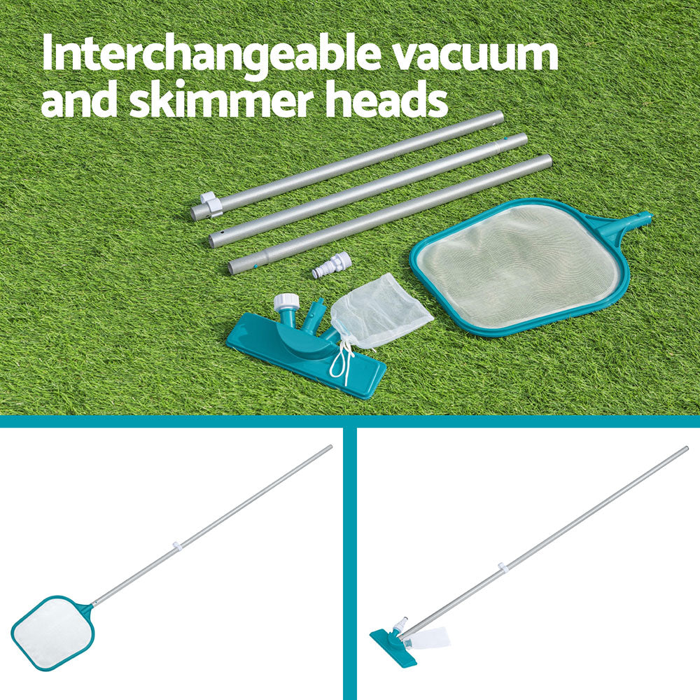 Interchangeable pool vacuum and skimmer heads kit with mesh net and extension poles