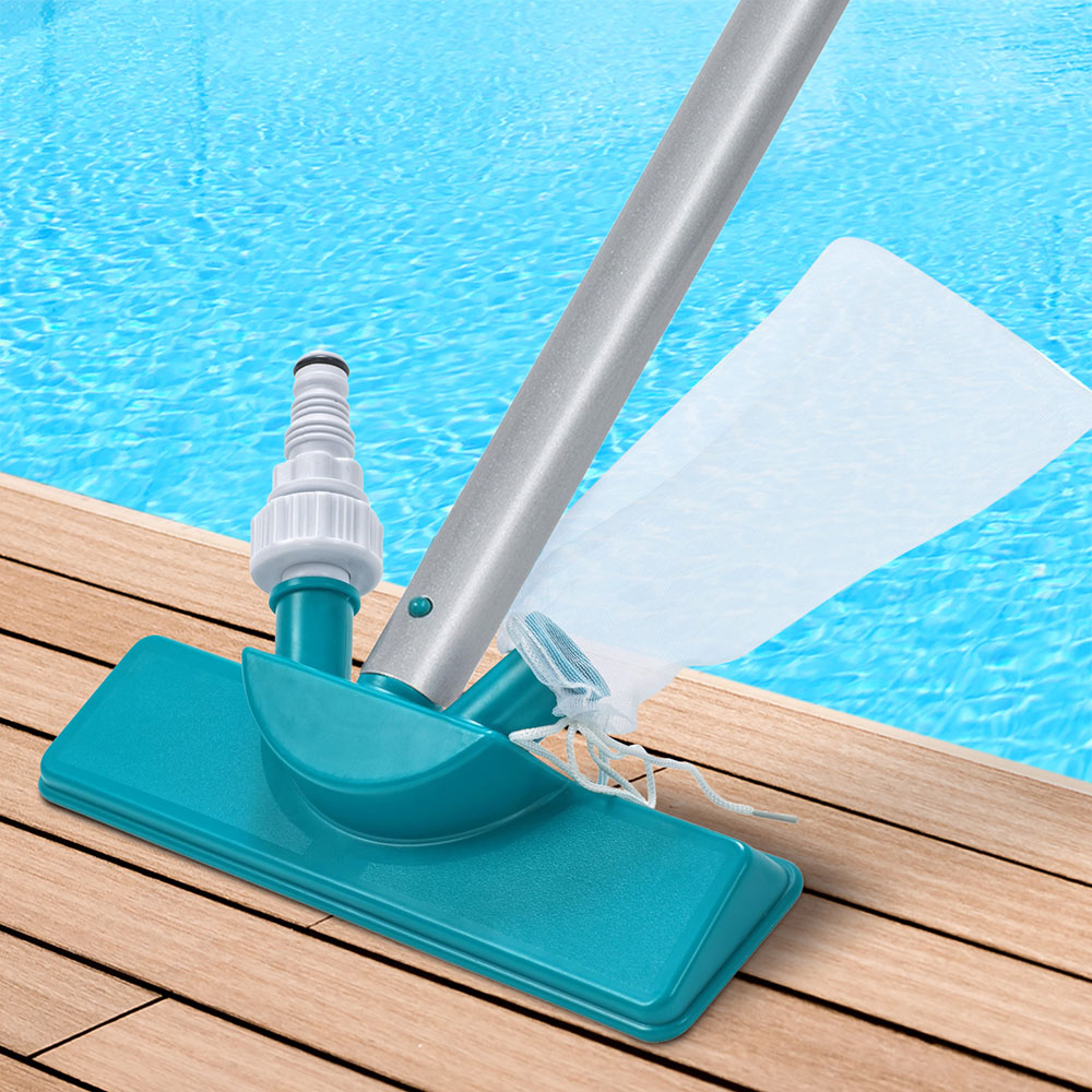 Pool vacuum head on pole with turquoise mesh filter for pool use from decking